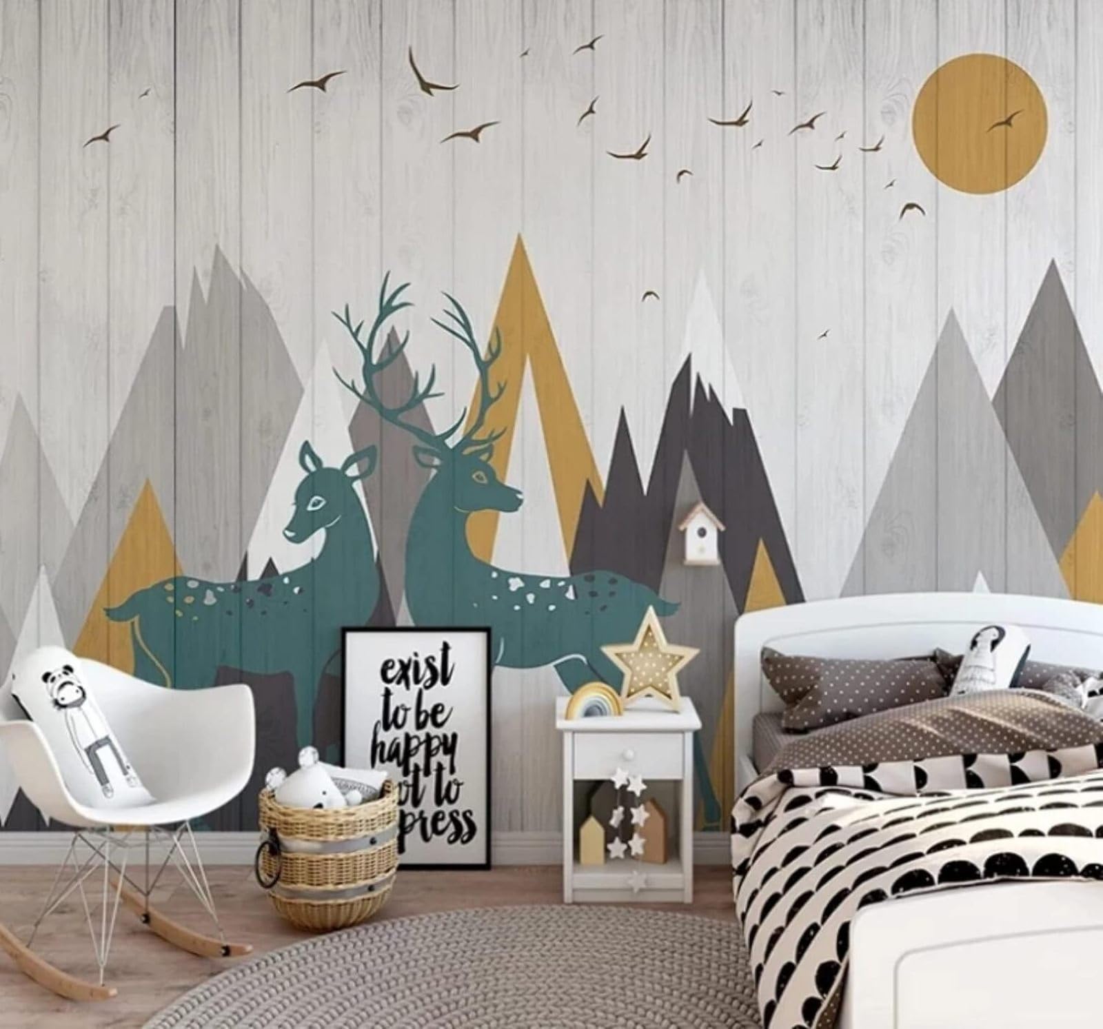 XLMING Cartoon Geometric Mountain Peaks Sunrise Moose 3D Wallpaper Luxury Home Dining Decor Paste Sofa Living Room The Wall for Bedroom Mural-300cm×210cm
