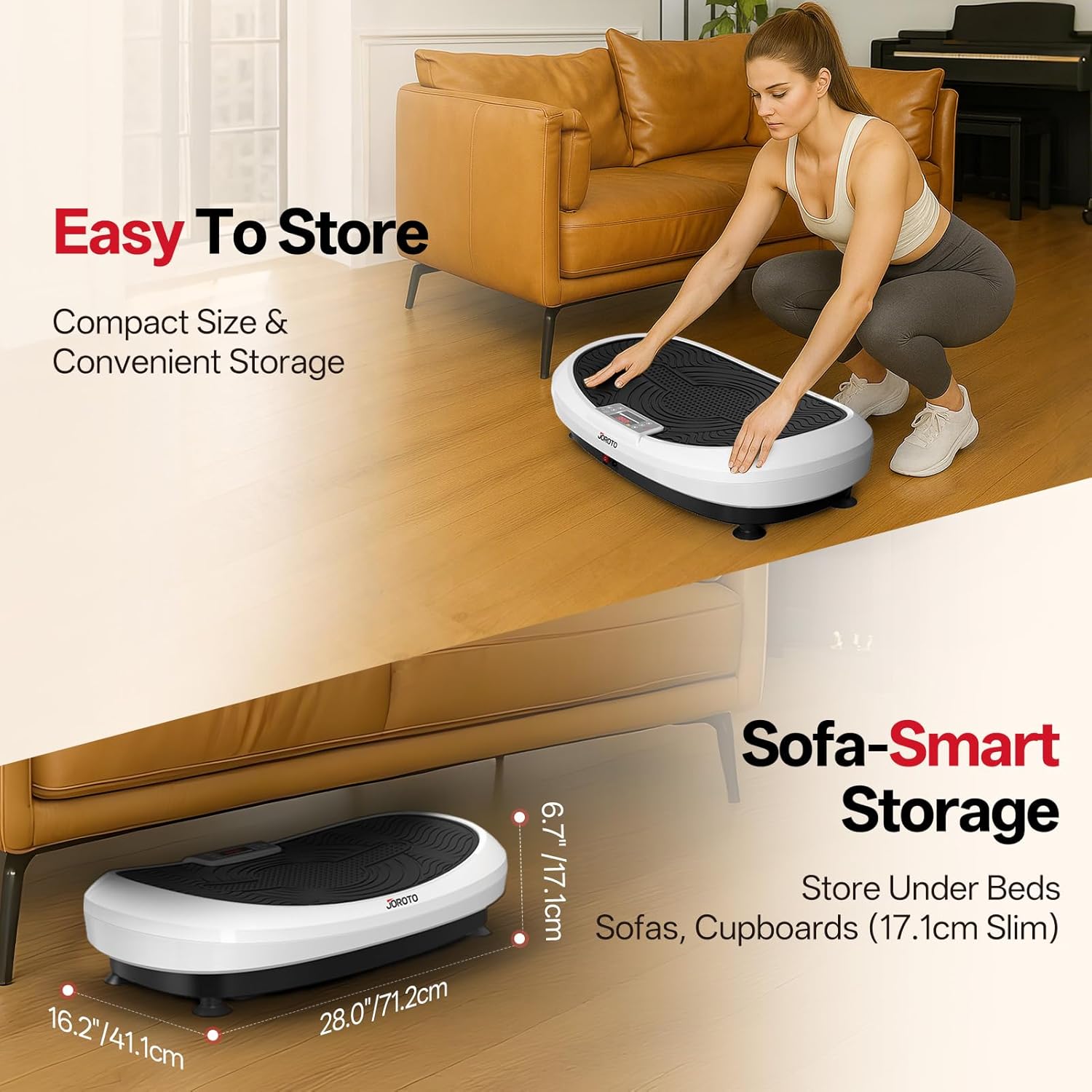 A woman sliding the JOROTO JV60 4D Vibration Plate under a sofa for storage, demonstrating its compact size and convenient storage capabilities.