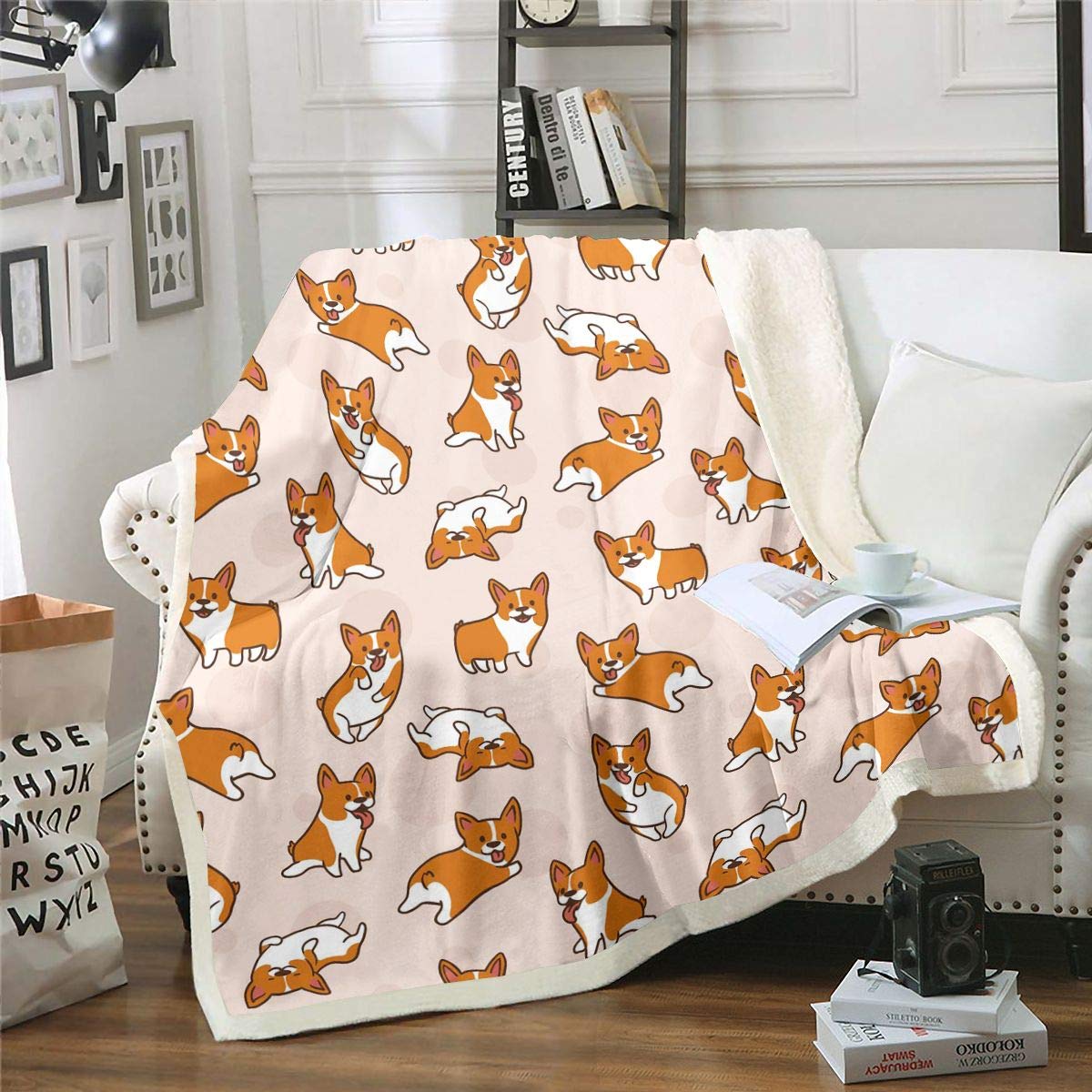 Loussiesd Kids Fluffy Fleece Throw Blanket Corgi Dog Child Toddler Cartoon Puppy Soft Comfort and Throws Cute Animal Pattern Bed Sofa Beige Double 60x79 Inch