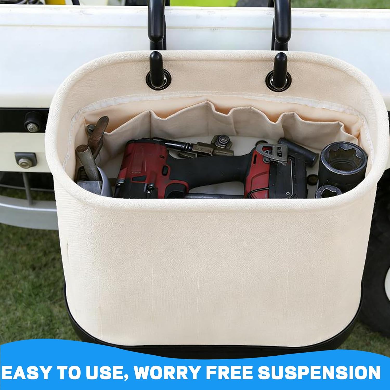 Canvas Bucket Bag, Aerial Oval Tool Bucket With Hooks & 15 Pockets, Oval Hard-Body Bucket Tool Organizer, Black Molded Polypropylene Bottom, for Industrial Maintenance Construction Sites (White)