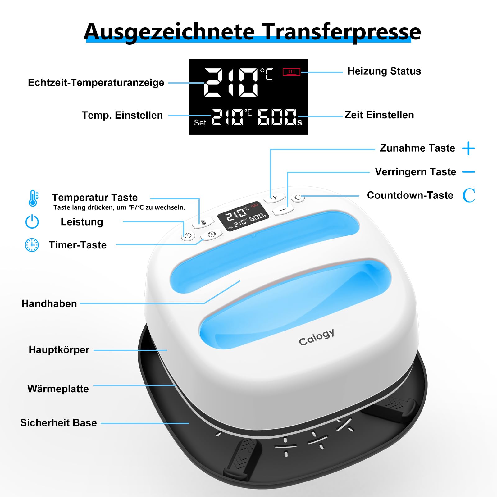 Calogy Transferpresse Plotter 25,4x25,4 cm Heißpresse T Shirt Druckmaschine 1300W 210℃