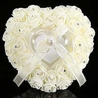 Vista 9 de GOTOTOP Almohada de boda, romántica de encaje de cristal rosa de boda en forma de corazón, cojín con cinta perla ceremonia de boda (blanco lechoso)