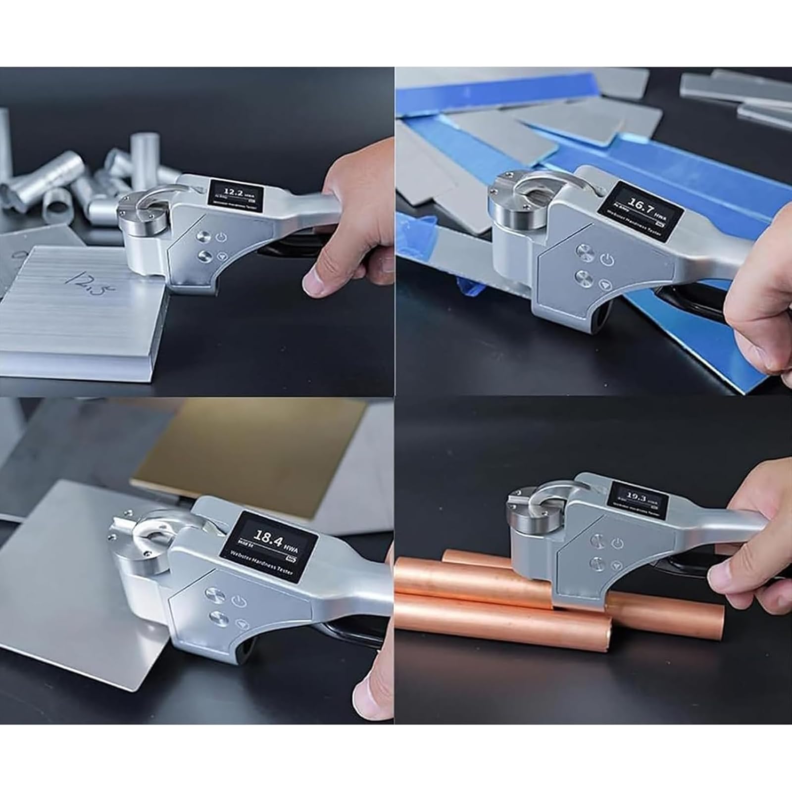 Probador de dureza portátil, pantalla LCD, medidor de dureza digital con almacenamiento automático de datos, durómetro de metal de 6 escalas para aluminio, latón, cobre, acero inoxidable