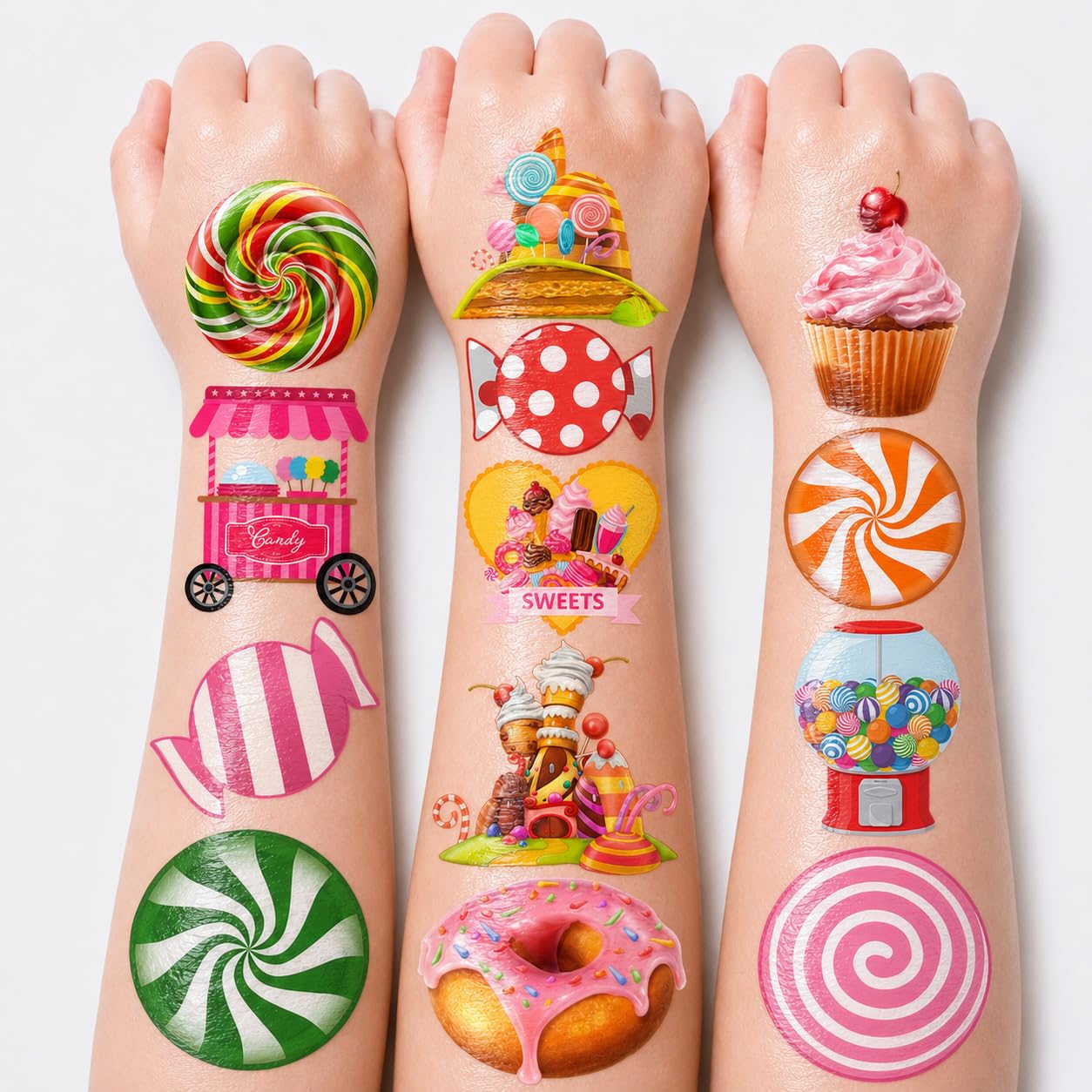60 PCS Pre-Cut Candy Temporary Tattoos for Kids