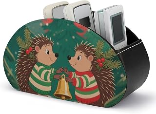 Remote Control Holder Remote Caddy Organizer Christmas Hedgehogs | 5 Compartment Remote Caddy Organizer, PU Leather Storage Holder, Desktop TV Remote Controller Stand for Home Sofa Living Room