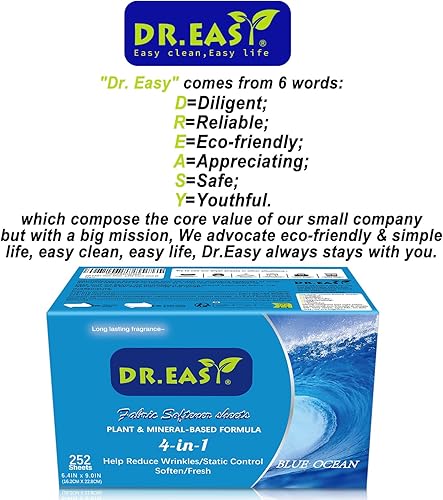 Miniatura 18 de DR.EASY Hojas de secado de fórmula a base de plantas, hojas suavizantes de tela de 252 unidades para lavar ropa libre y transparente, perfumado, sin