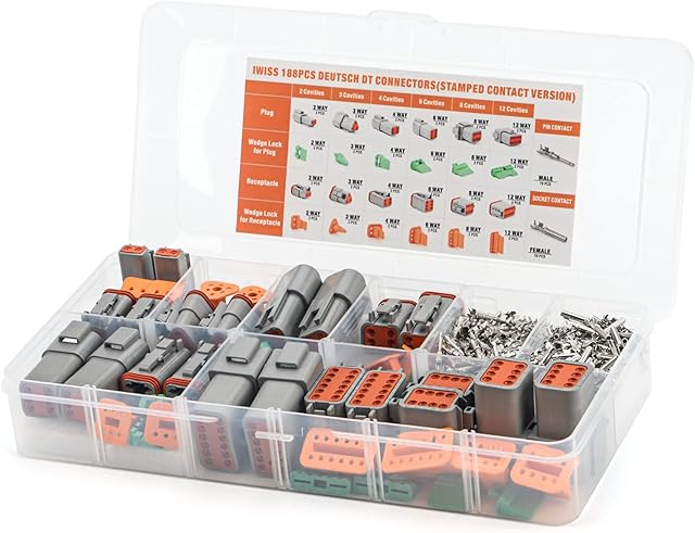 IWISS Deutsch DT Series Connector Assortment, Size 16 Stamped Contacts, Waterproof Automotive Electrical Connectors, 188 Pieces