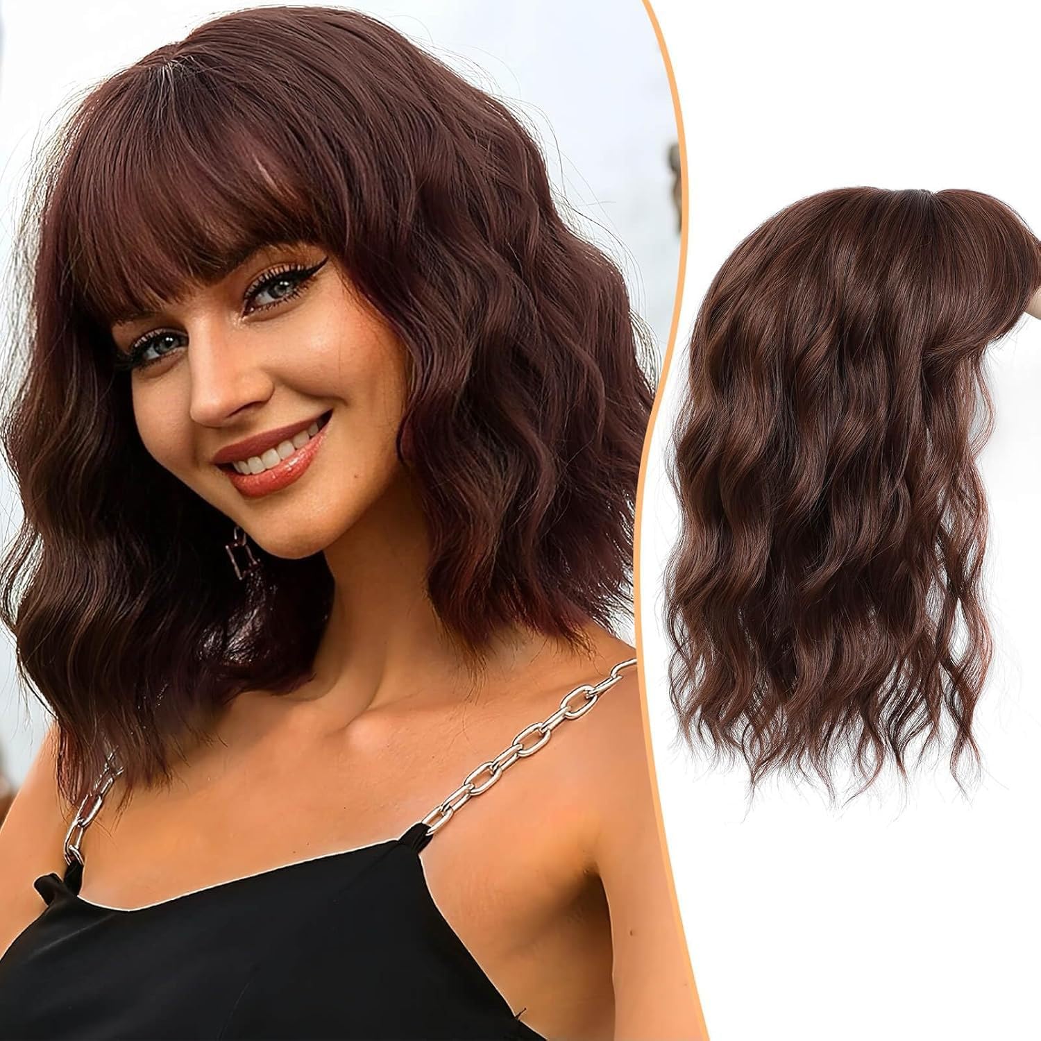 Clip in Bob Toppers 14 Inch Synthetic Short Hair Curly Wavy Hair Topper with Bangs Hairpiece for Women Thin Hair (T2/22/60)