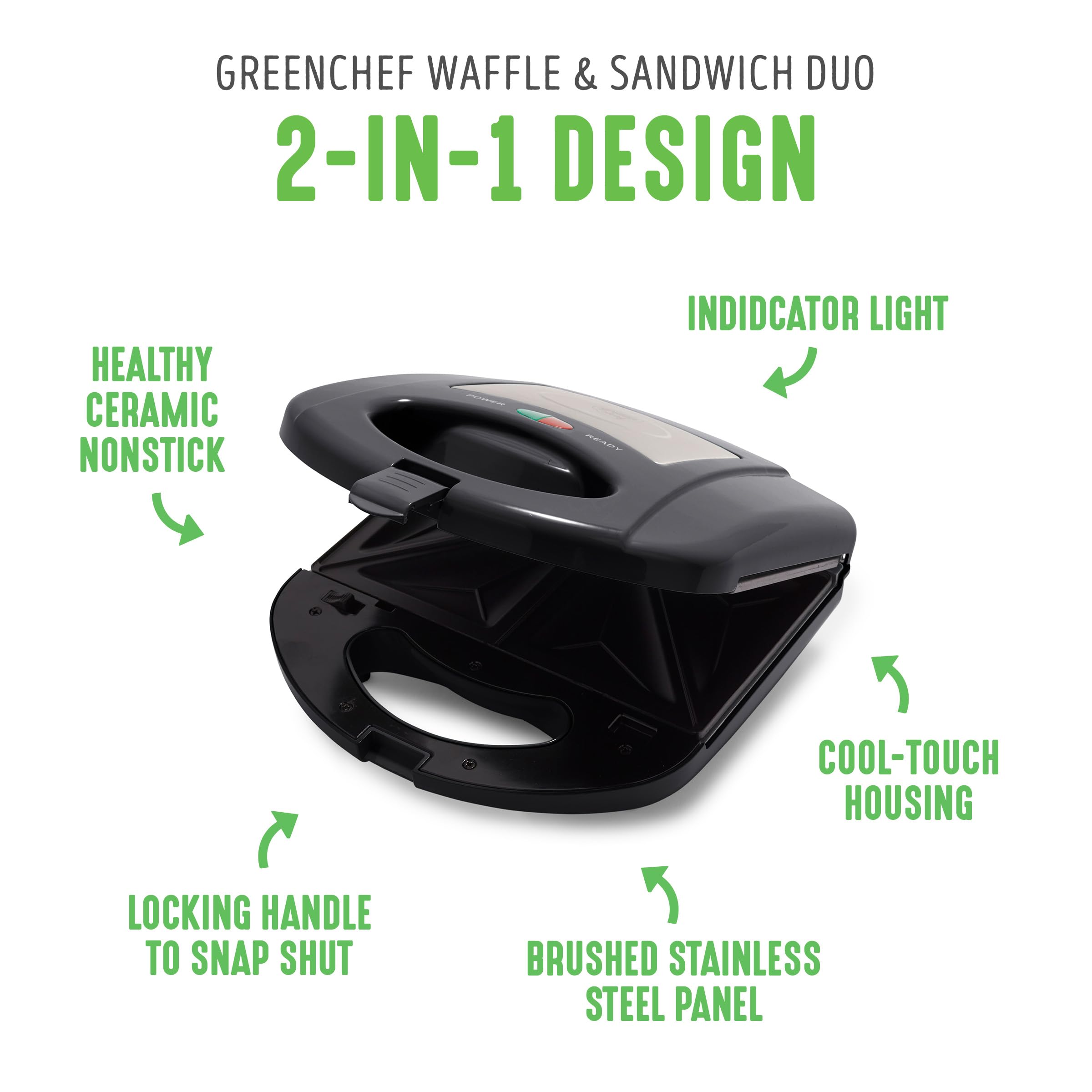 GreenChef Elektryczna prasa do Panini 3 w 1, gofry i kanapki, zdejmowane płyty ceramiczne, bez PFAS lub BPA, gryzak, zmywarka, wielofunkcyjna, kontrolowana temperaturą, czarna