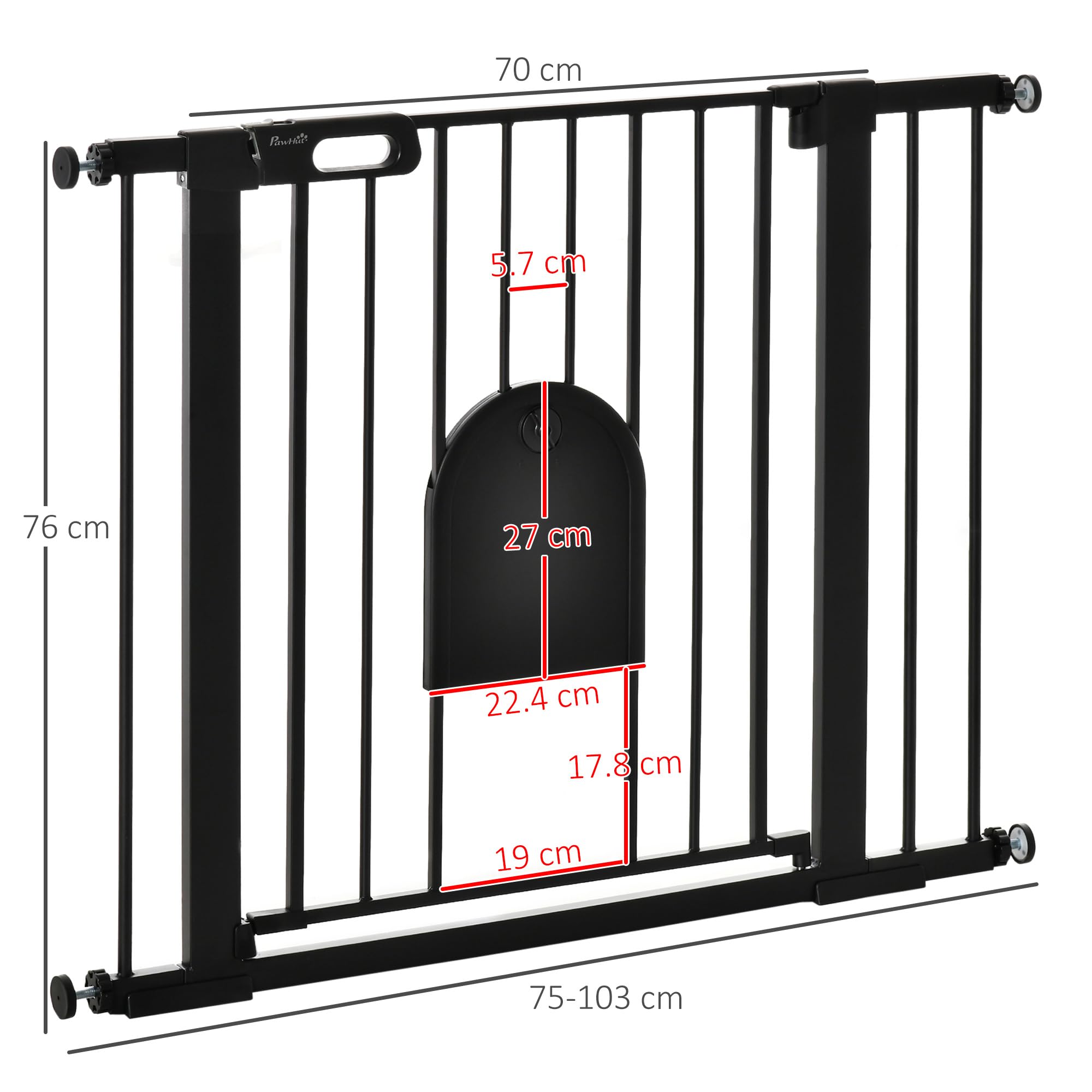 PawHut Cancellino per Cani Regolabile con Porta Piccola e Montaggio a Pressione, Barriera per Cani con Chiusura Automatica, 75-103x76 cm, Nero