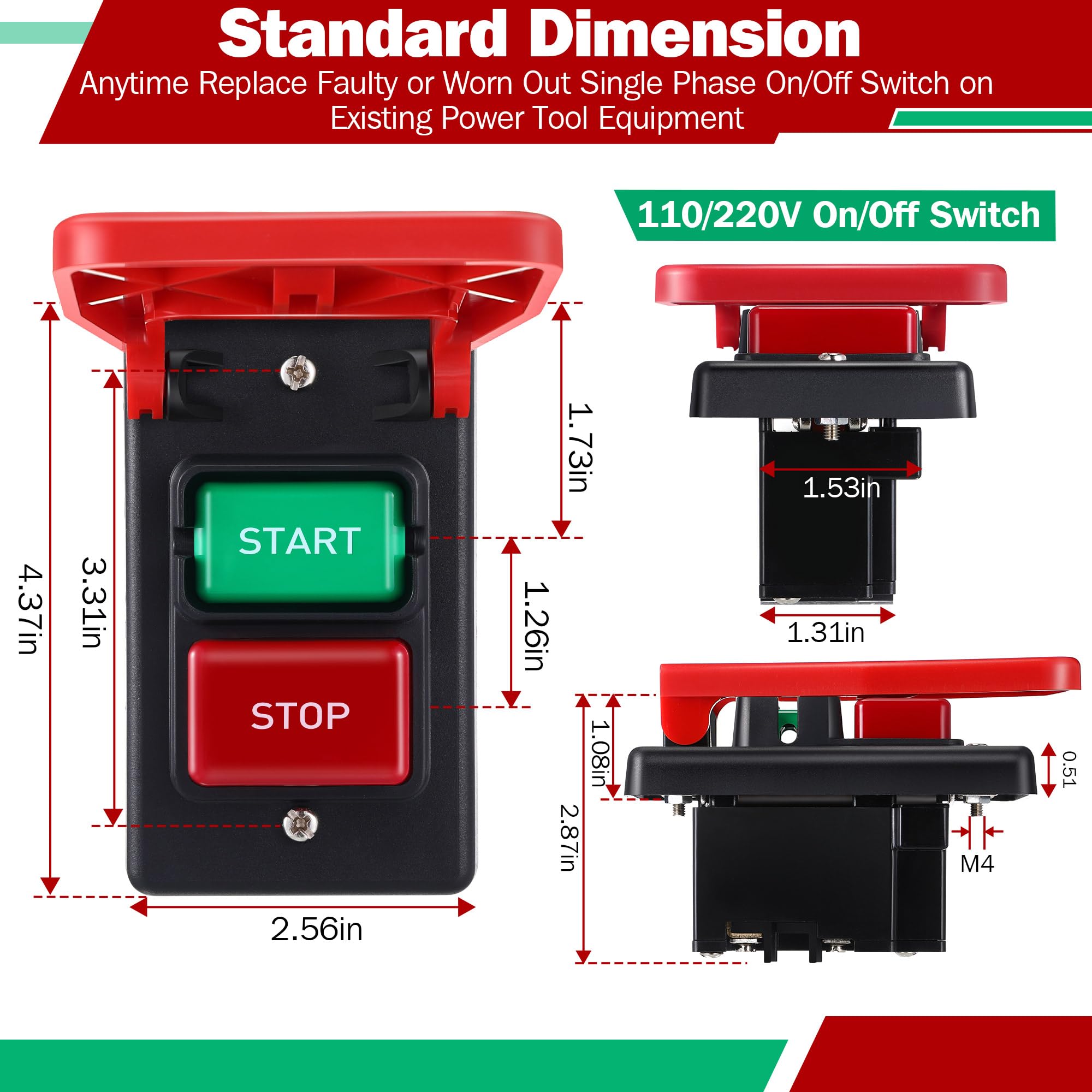 Dreyoo Interruttore on/off monofase da 120/230 V, interruttore on/off efficiente da 120 V 2 HP, interruttori di alimentazione di sicurezza con grande segnale di arresto a pagaia facile contatto per