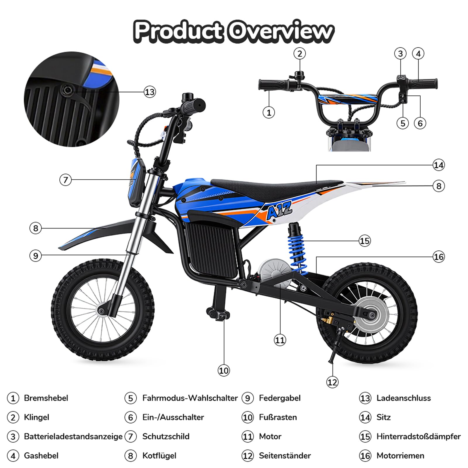 A12 Elektro Motorrad für Kinder ab 110cm Körpergröße 3–12-Jährige (Blau) | Elektromotorrad mit 350W Motor, 3 Geschwindigkeitsmodus, 20KM Max Reichweite, 12 Zoll Luftreifen,LED,doppelte Stoßdämpfung