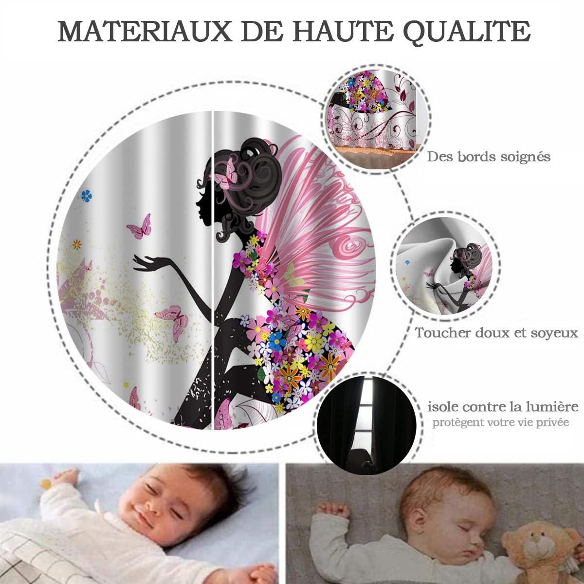 Rideaux Occultants Isolant Thermiques Blanc Rose Jaune Papillon Fée 2 Pièces Chambre Enfant Bebe Fille Rideau Salon Design Moderne 75X166cm X2