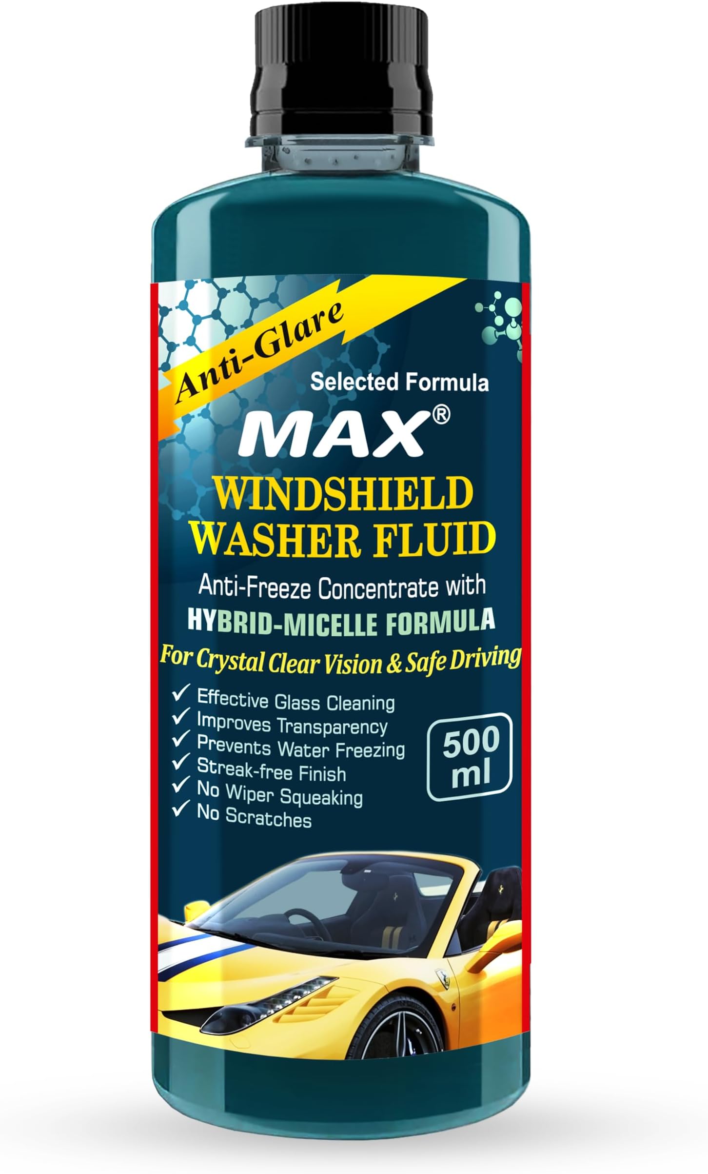 Windshield Washer Fluid Concentrate (500 ML) � Anti-Freeze Formula | Car Windshield Cleaner, Streak-Free Wiper Fluid | Lubricates Wipers, Removes Bugs, Grime & Water Spots for Crystal Clear Vision