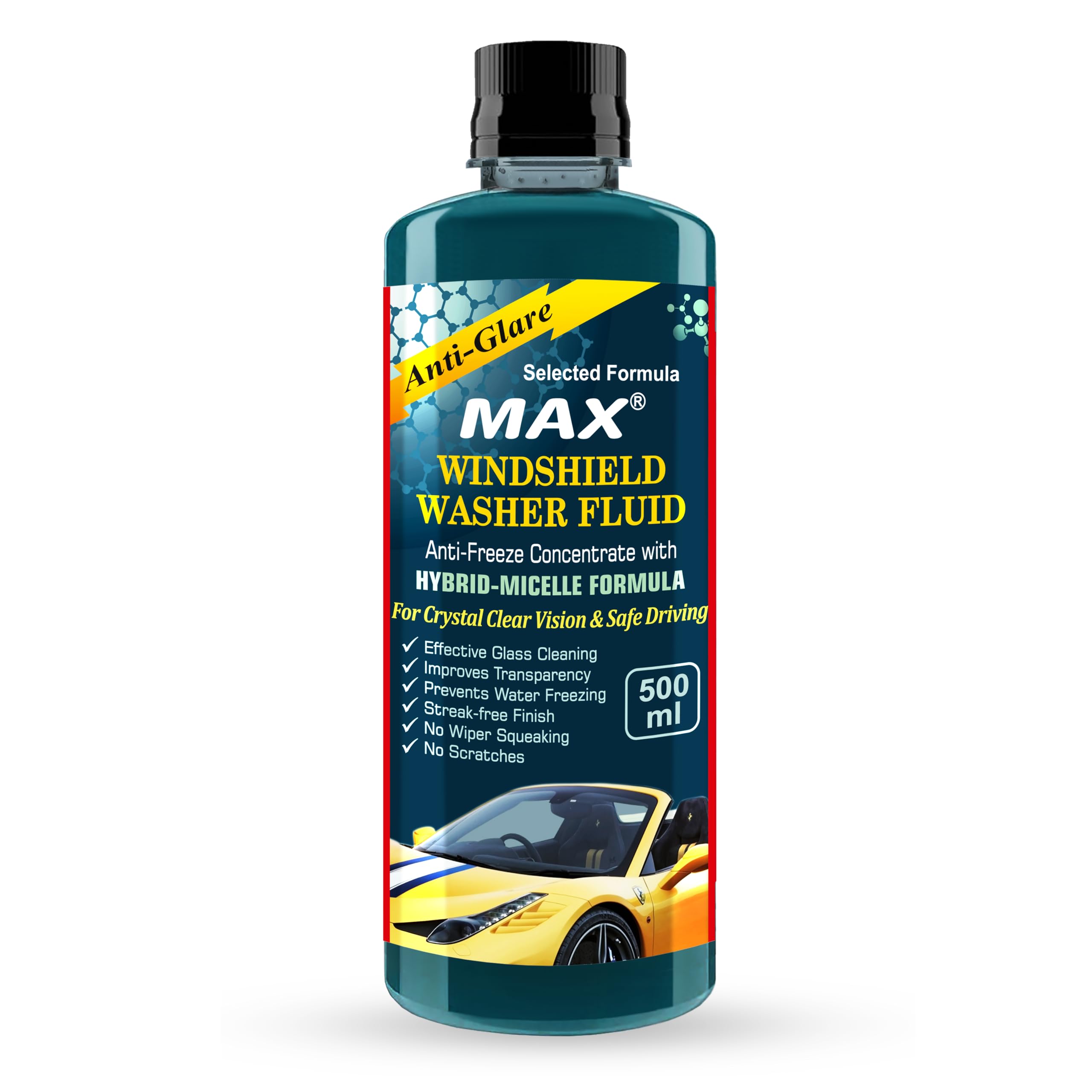 MAX Windshield Washer Fluid Concentrate (500 ML) � Anti-Freeze Formula | Car Windshield Cleaner, Streak-Free Wiper Fluid | Lubricates Wipers, Removes Bugs, Grime & Water Spots for Crystal Clear Vision