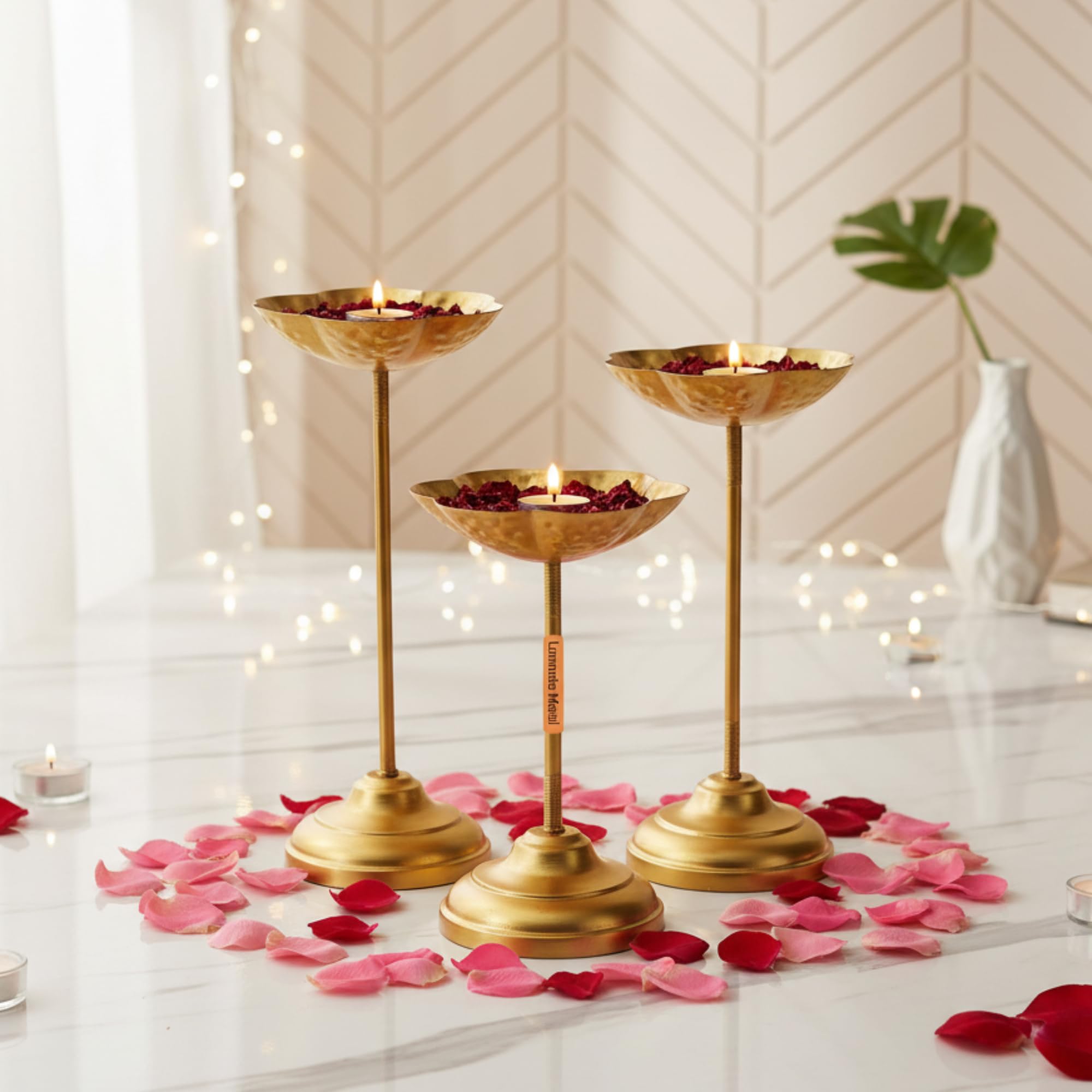 Dangzilo Golden Metal Handcrafted Diya Urli Stand Set of 3 | Diwali Home Décor | Floating Flower & Tealight Holder | Decorative Urli Bowl for Puja | Festive Table Décor & Ideal Gift for Housewarming-image-8