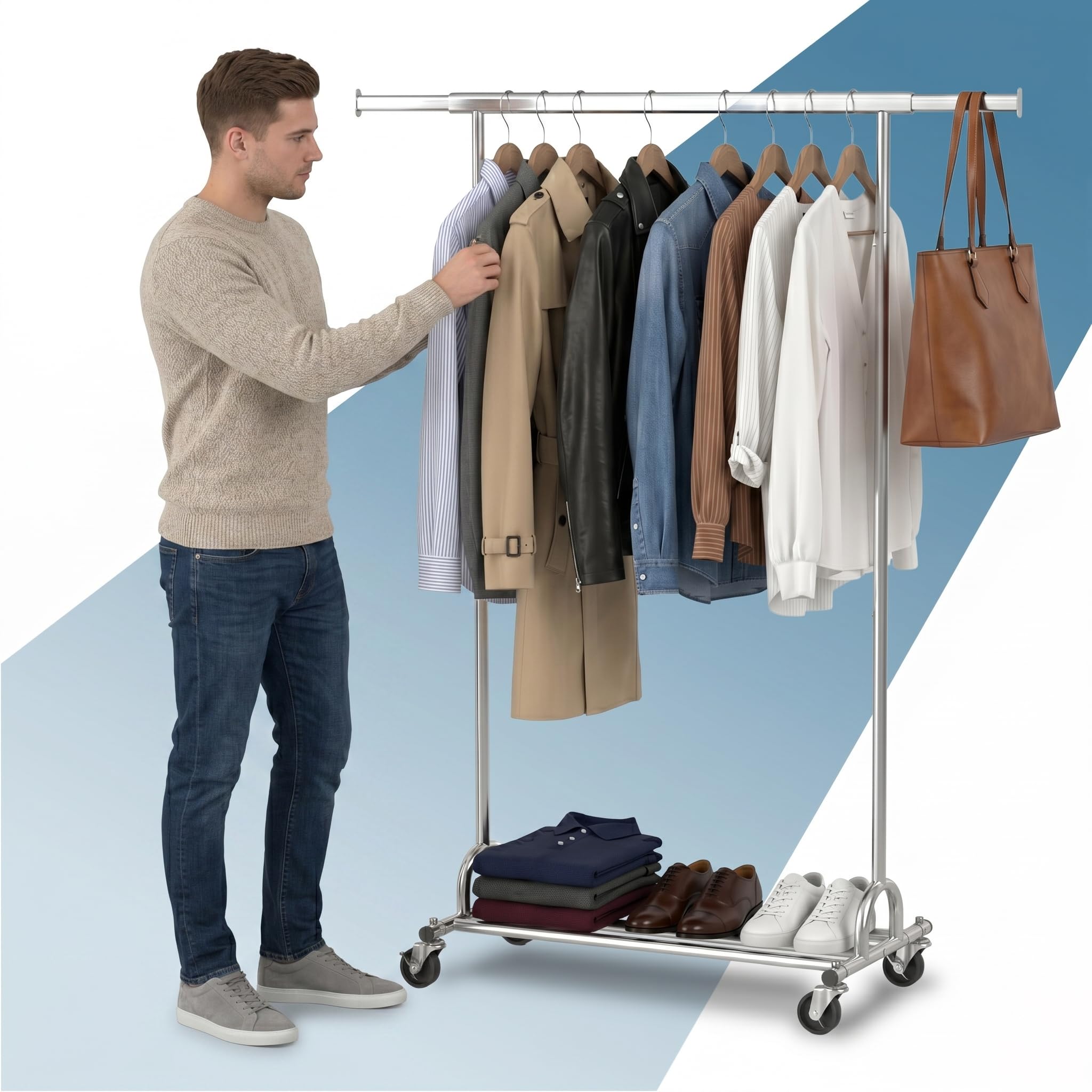 PORTENTUM Heavy duty clothes rail extendable with wheels and brakes – Up to 180 kg load capacity – Clothing rack steel frame 45 x (92–132) x 161.5 cm – With lower shelf – Quick assembly