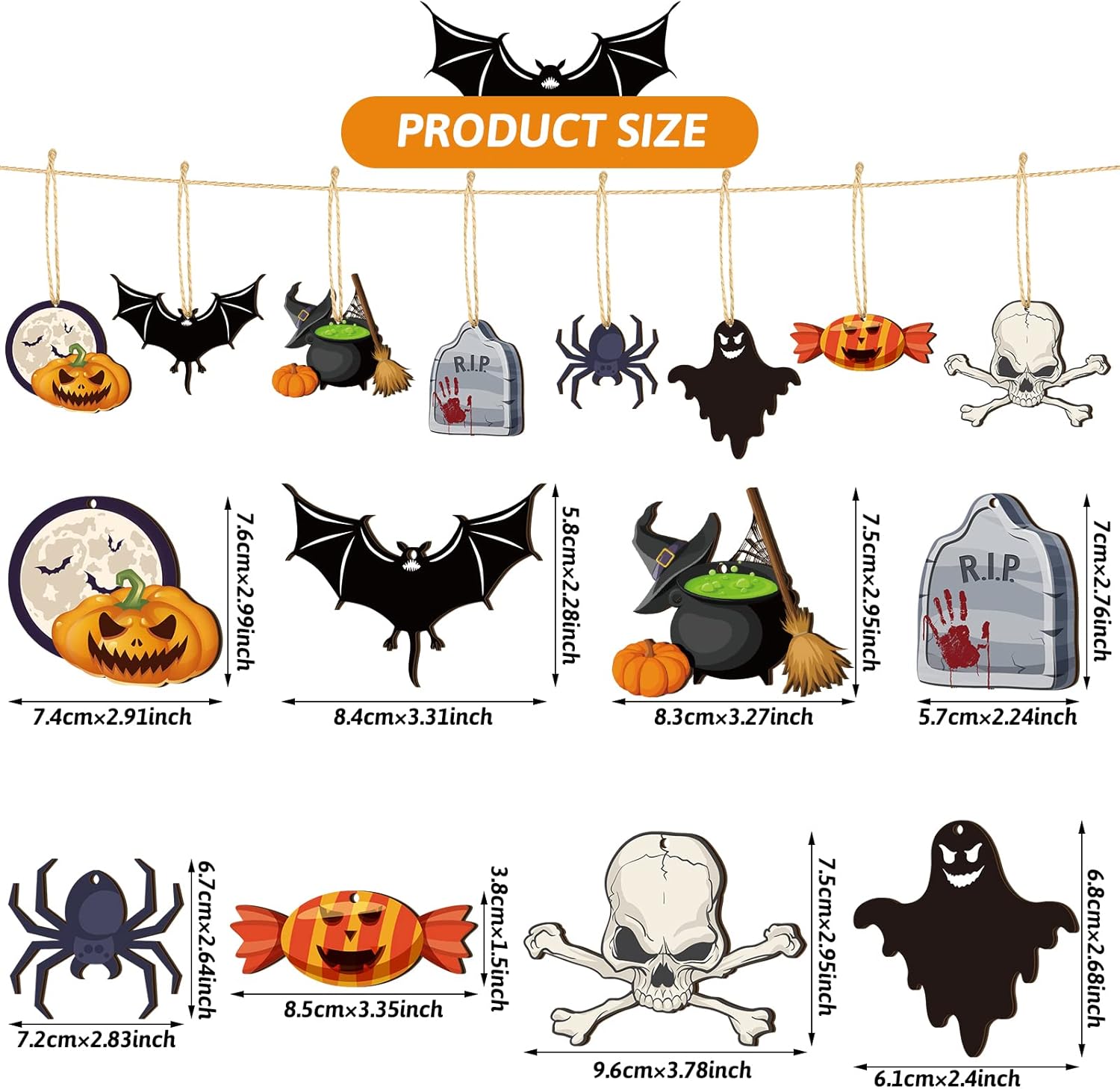 24 Pieces Halloween Wooden Hanging Ornaments Halloween Tree Decorations Wood Sign with Rope Pumpkin Ghost Witches Hat Decors for Party Home Decoration(Bat Style) - Image 3
