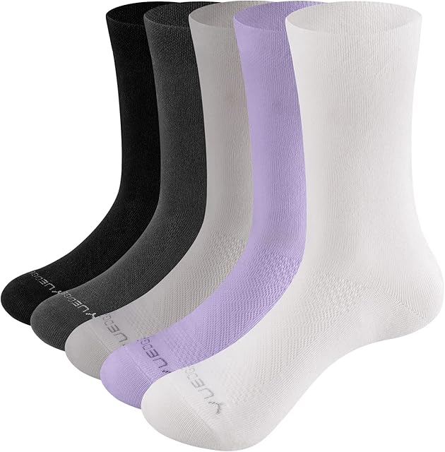 YUEDGE 5 Pairs Women's Basic Lightweight Soft Cotton Socks Plain Thin Crew Socks For Ladies Size 4-10