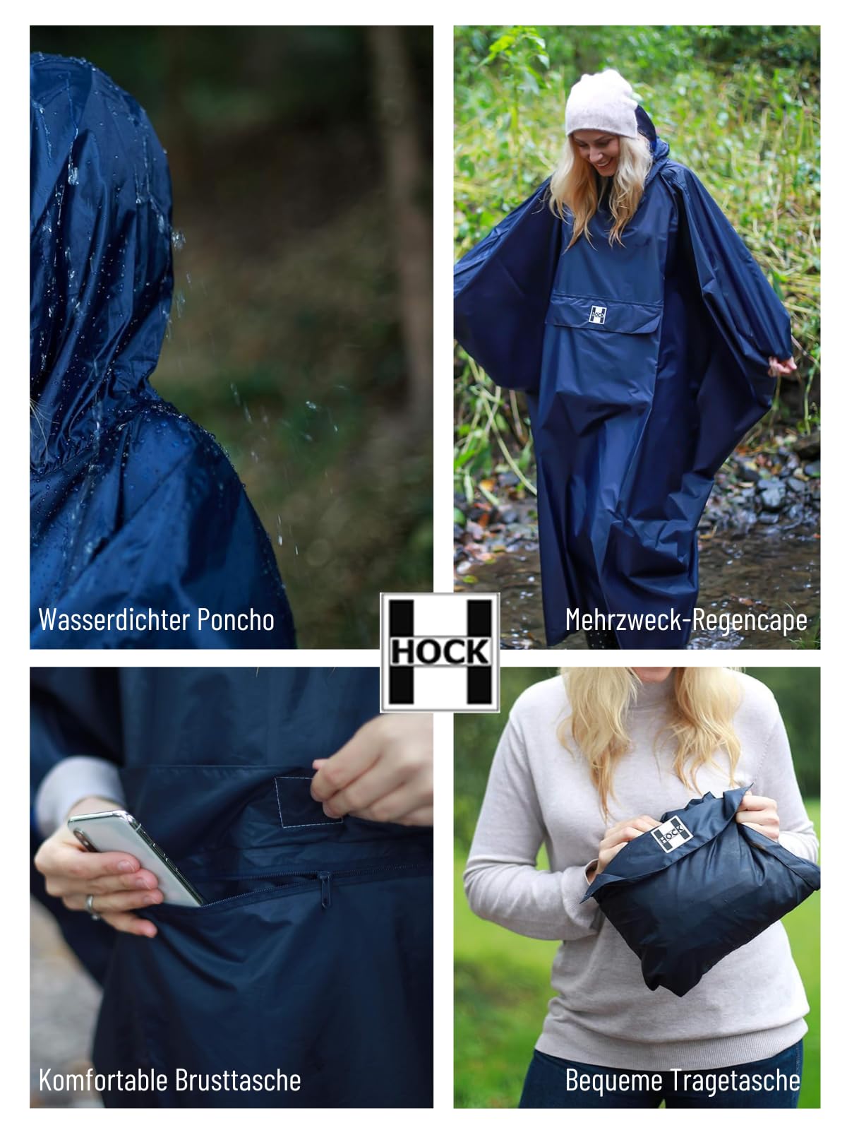 HOCK Rain Star - Poncho de lluvia extralargo con capucha y bolsillo en el pecho, 100% resistente al agua, ligero protector de lluvia unisex