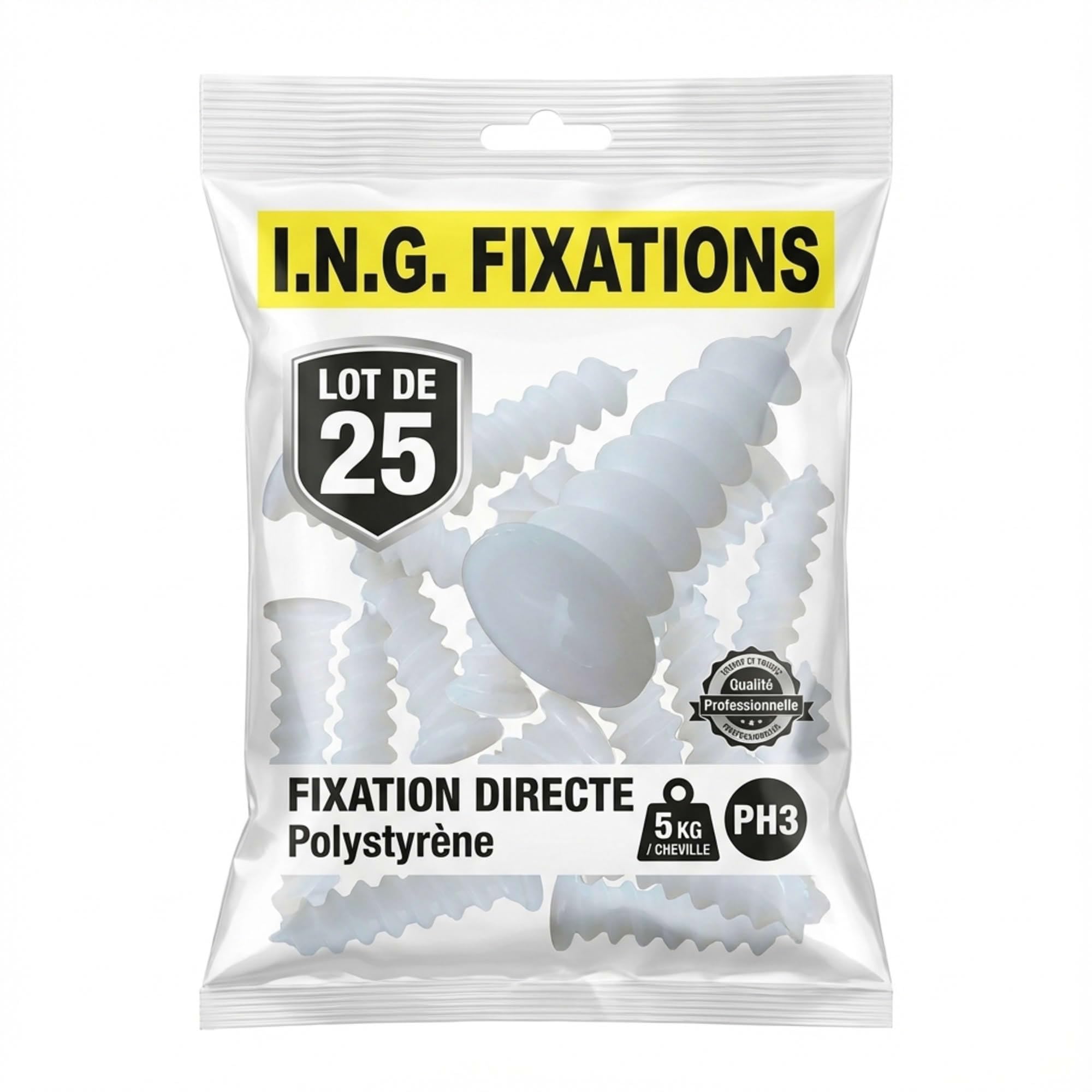 ING Fixations I.N.G. - 25 Chevilles pour fixation directe dans les isolants polystyrène D. 23 x 50 mm Embout PH3