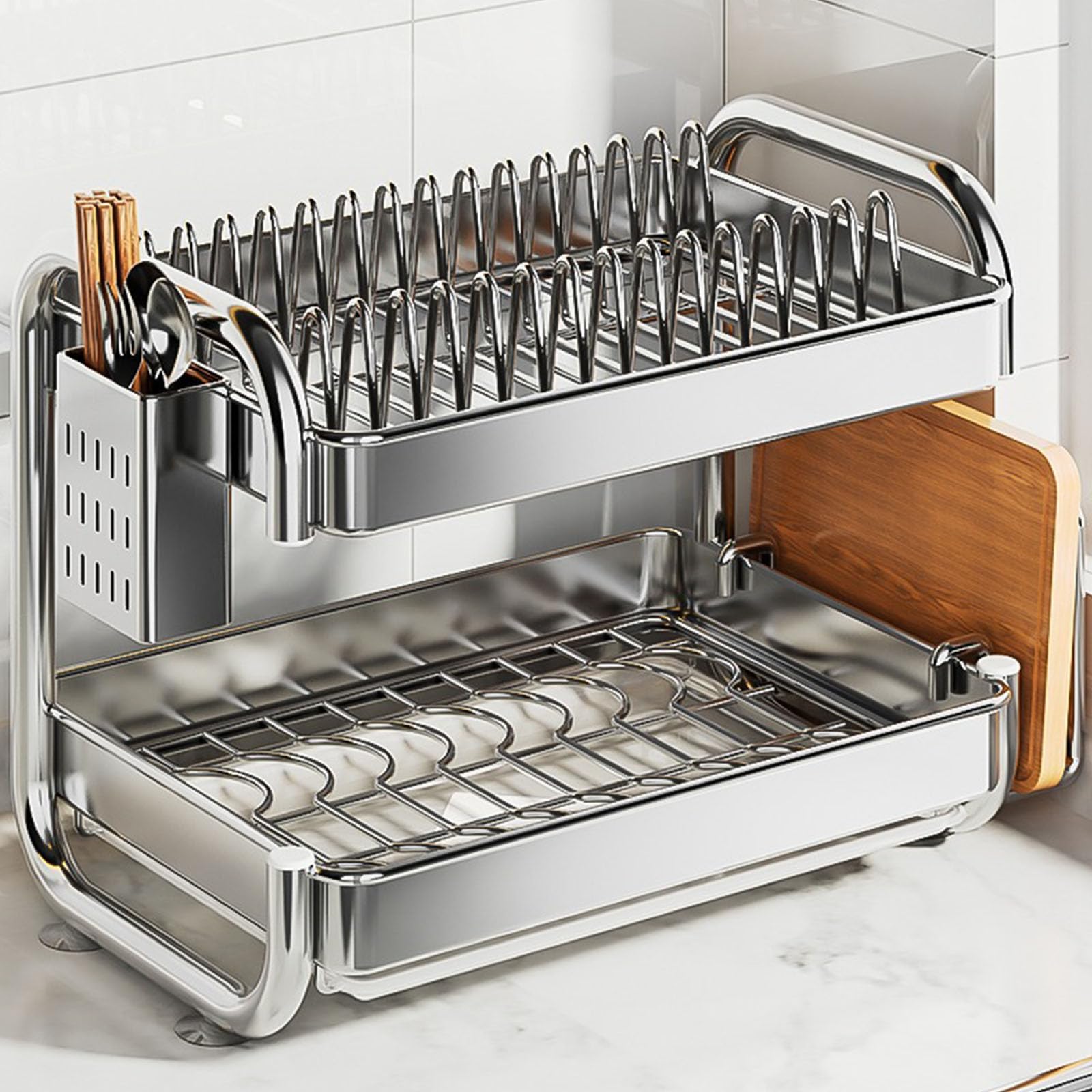 Organizador de cocina en forma de C de 2 capas con escurreplatos integrado para utensilios y almacenamiento de tabla de bambú. Estructura de metal robusta Soporte de vajilla multifuncional con tabla