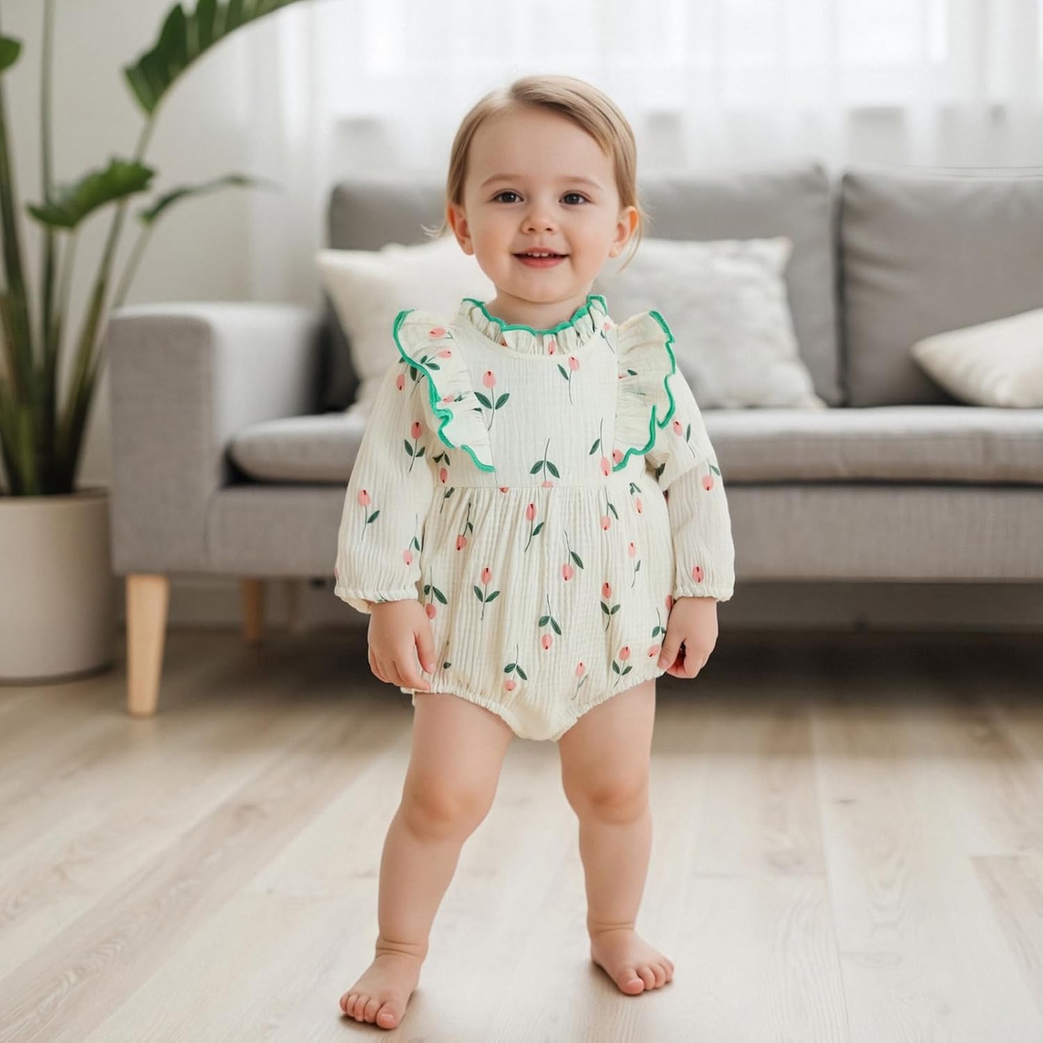 Baby Girl Long Sleeve Romper Fall Newborn Outfit Linen Romper Ruffle Jumpsuit Floral Bodysuit Infant Winter Clothes - Image 2