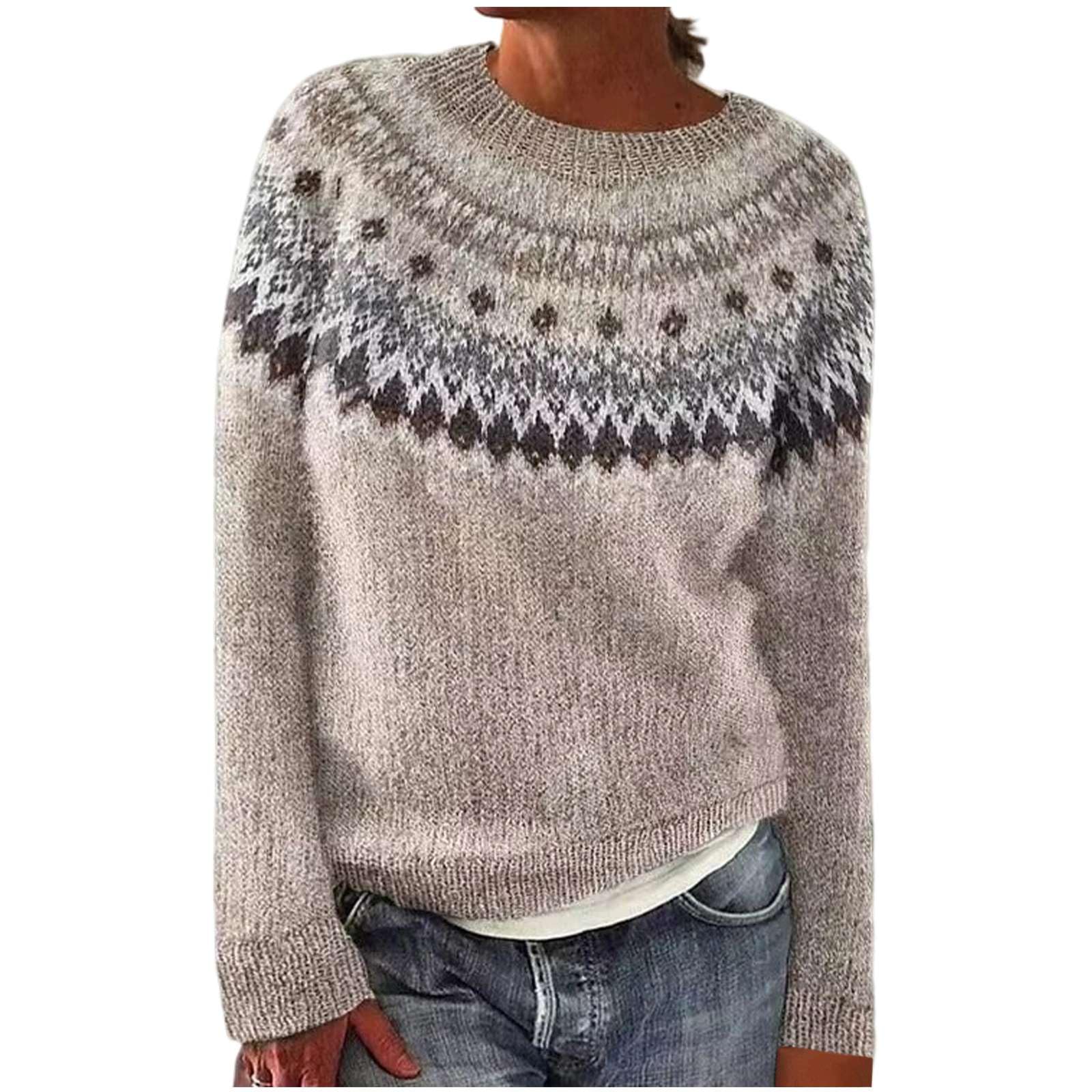 Womens Oversized Argyle Fair Isle Sweater Retro Knitted Crewneck Pullover Cozy Casual Boho Tops for Fall Winter