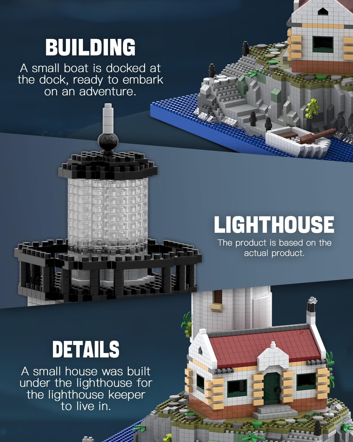 Detailed view of the small house and rocky base of the lighthouse model.