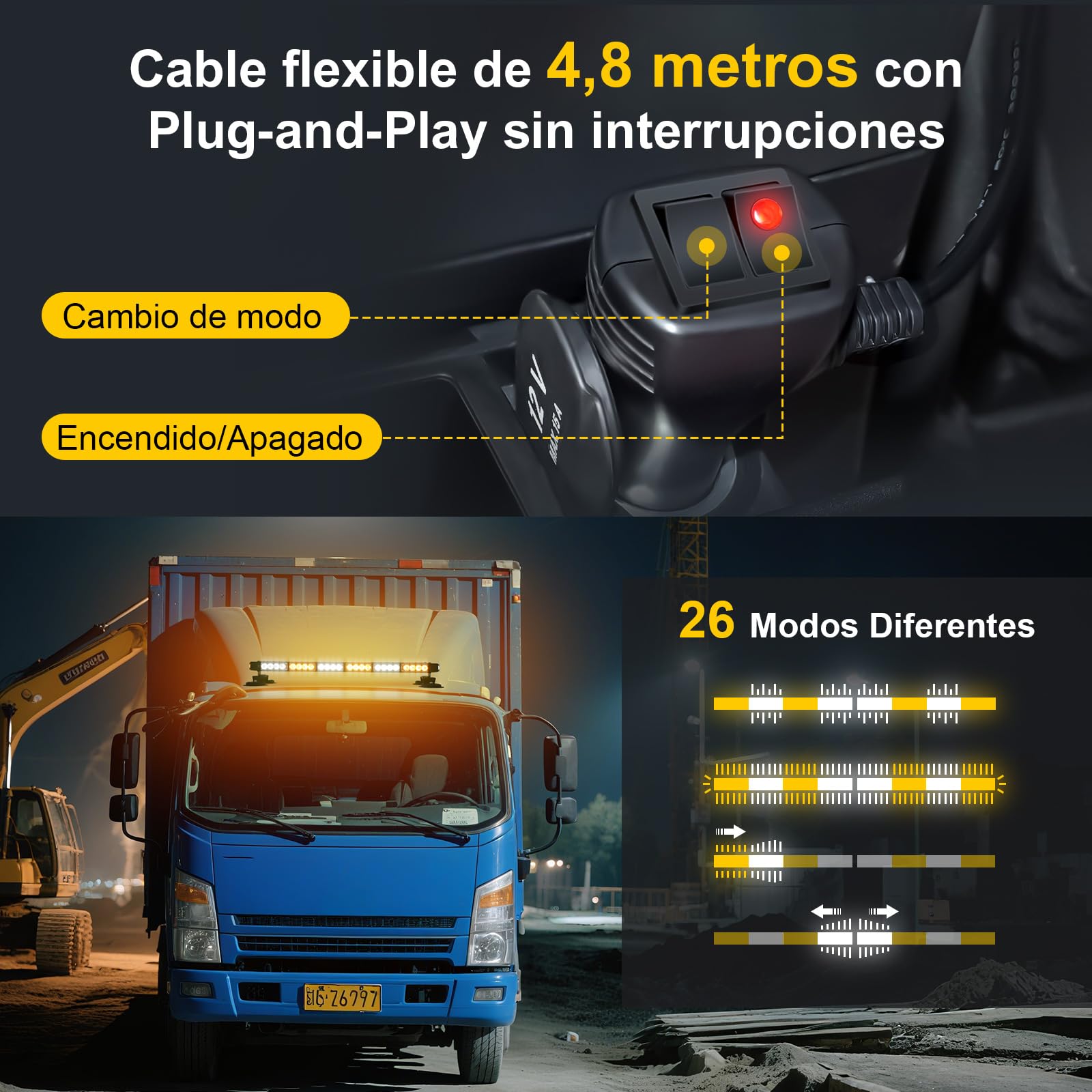 71cm Rotativo Luz LED Estroboscópica, 12V-24V Amarillo & Blanco Luz de Emergencia con 20 Imanes Resistentes para Vehículos de Construcción Carretilla Elevadora Tractor Remolque Quitanieves