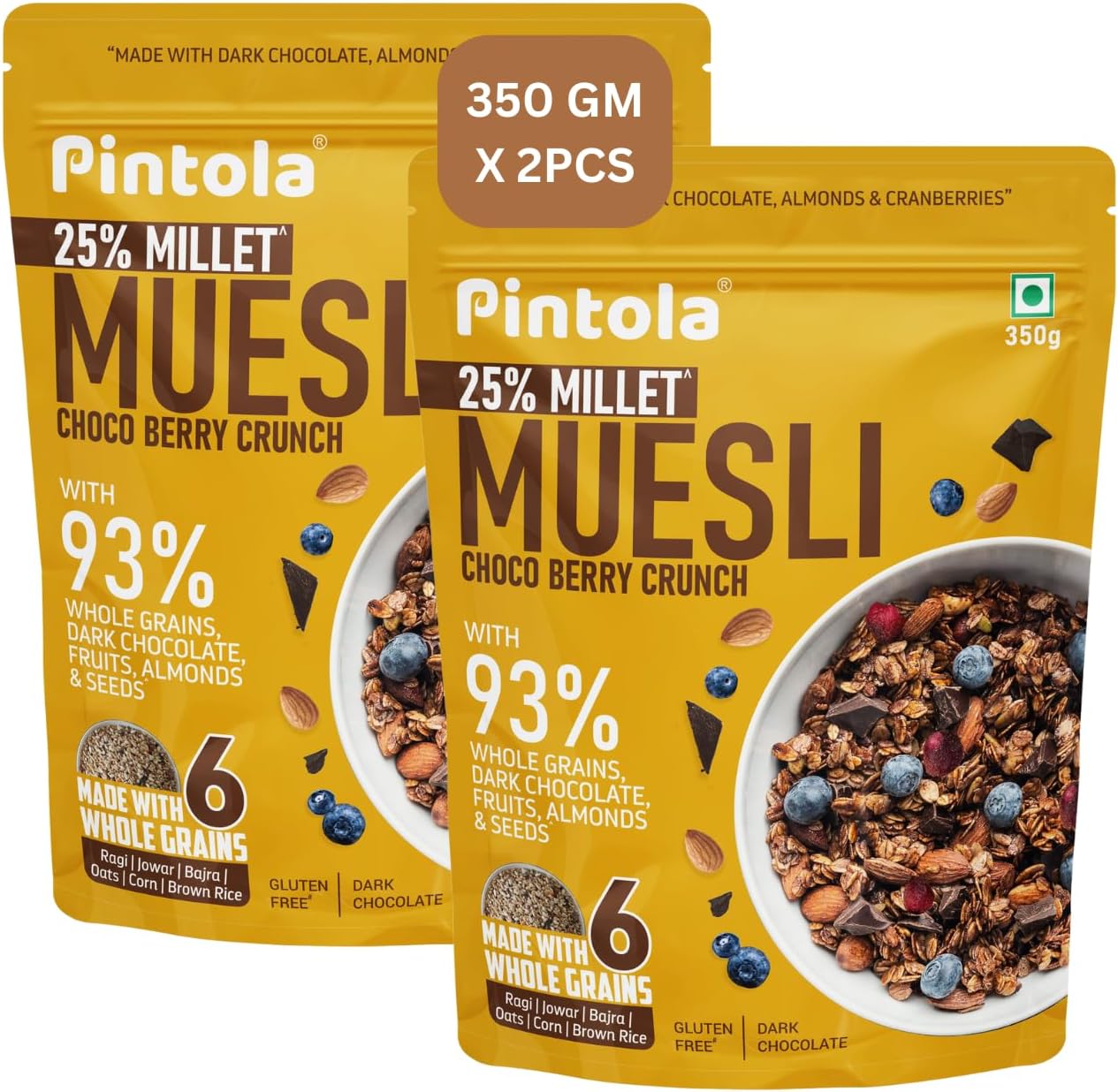 Pintola Muesli Choco Berry Crunch 350g (pack of 2) with 6 Varied Nuts & Seeds, No Preservatives, Fibre Rich, Cholesterol Free