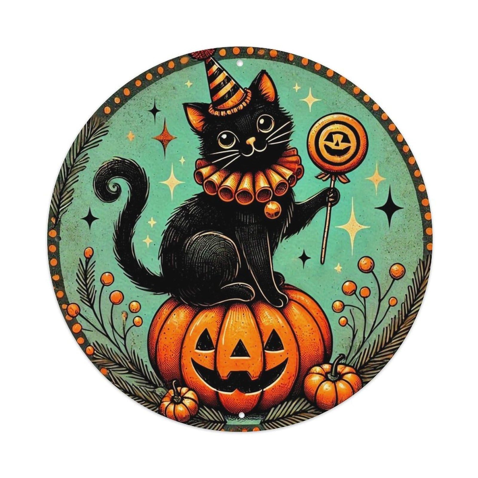 Black Cat Pumpkin Lollipop Stars Vintage Round Tin Sign Retro Metal Wall Decor Metal Poster, Home Bar Garage Cafe Wall Art Decoration 8x8Inches