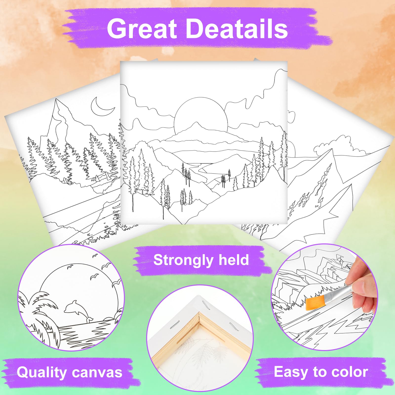 Teling 12 Pcs Pre Drawn Stretched Canvas Kit for Adults Painting Pre Printed Canvas Outline for DIY Painting Party Favor,6 x 6 x 0.6 Inches(Mountain)