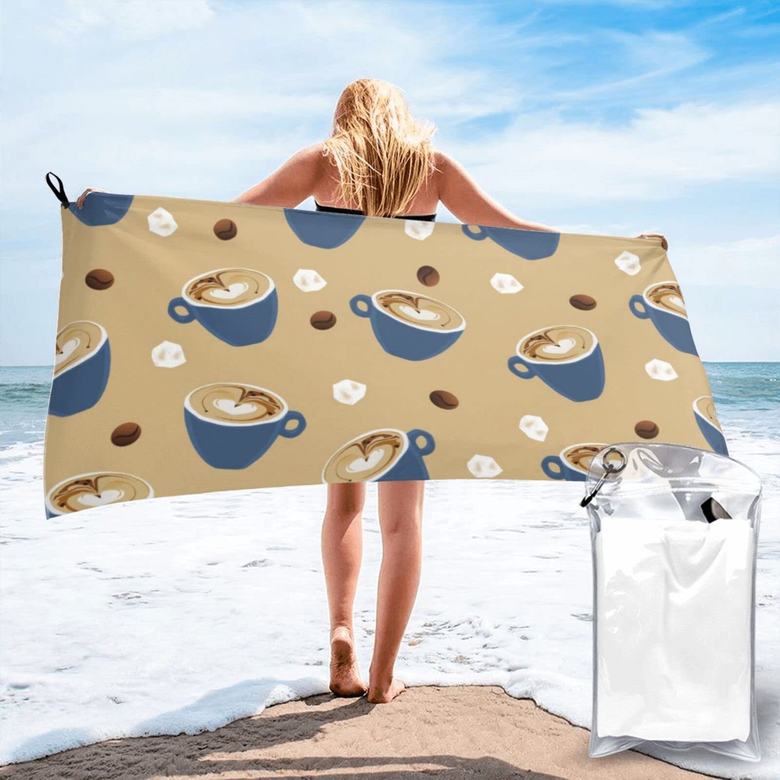 Lawenp Coffee Themed Microfiber Beach Towel Adults Large Quick Drying Bath Towel Travel Towels with Pouch 27.5"x55"