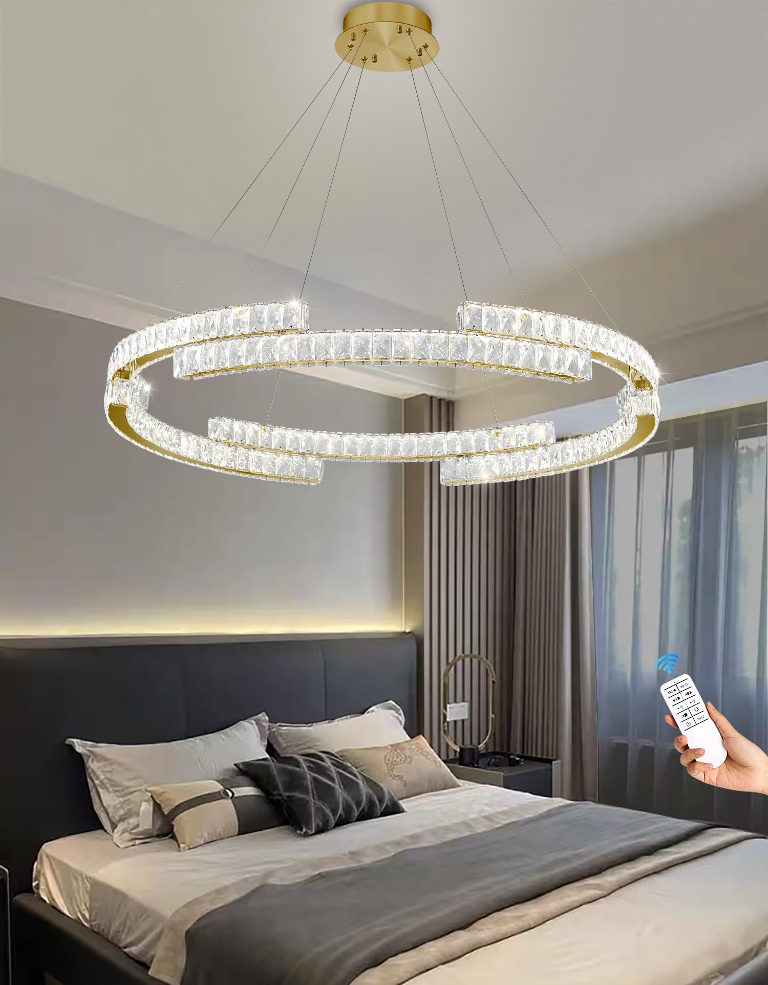 Condition photo showing New/Like New for modern led ring pendant light dimmable crystal chandelier for living room dining room adjustable 40 inch gold