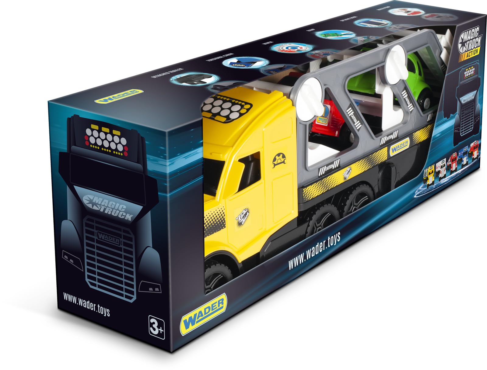 Wader 36231 - Magic Truck Autotransporter mit 2 hochwertigen Fahrzeugen und Abfahrrampen, Größe ca. 79 cm, für Kinder ab 3 Jahren, geeignet als Geschenk für kreatives Spielen