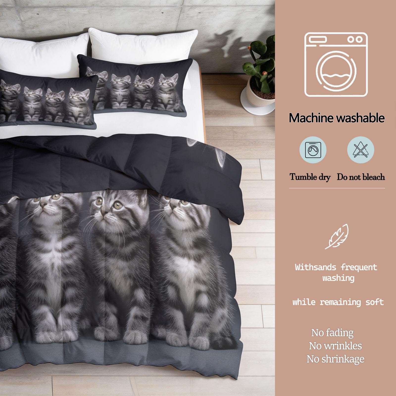 Bettdecke ohne Bezug 135 x 200 cm Set, Haustier Kätzchen Waschbare Ganzjahresdecke, Modern Silber Getigert Tier Katze Wendebettdecke Verstärkte 3 teilige - Dunkelgrau 4 Jahreszeiten Schlafdecke