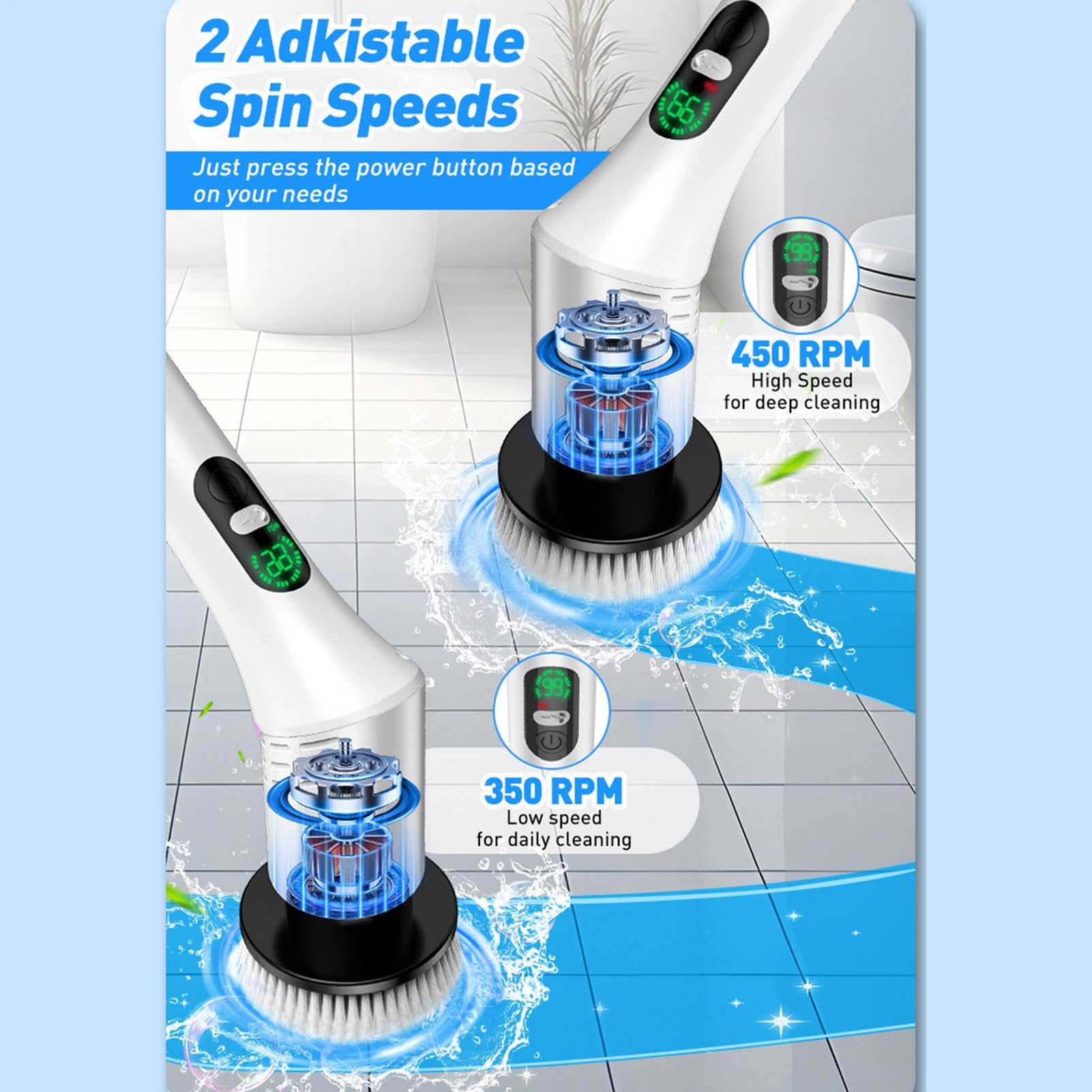 Scrubber elettrico bagno Pulitore Cordless A Strofinamento E Gadget Pulizia | Spazzola elettrica pulizia doccia 2 velocità per piastrelle, vasca, fughe, , ceramica, , pavimento