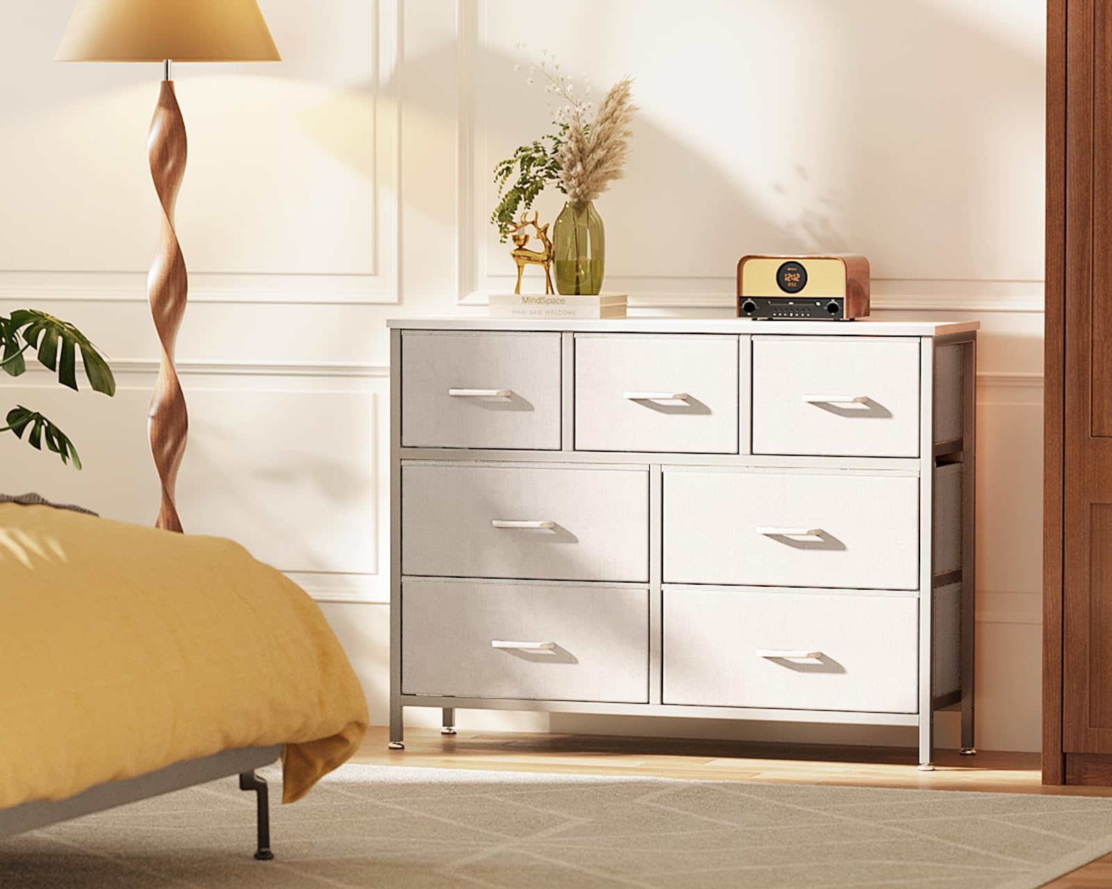 Coleshome Cassettiera Camera da Letto con 7 Cassetti in Tessuto, Realizzata con una Robusta Struttura in Acciaio e Gambe Regolabili. Adatta per Camera da Letto e Soggiorno, 100 x 30 x 77 cm, Bianco