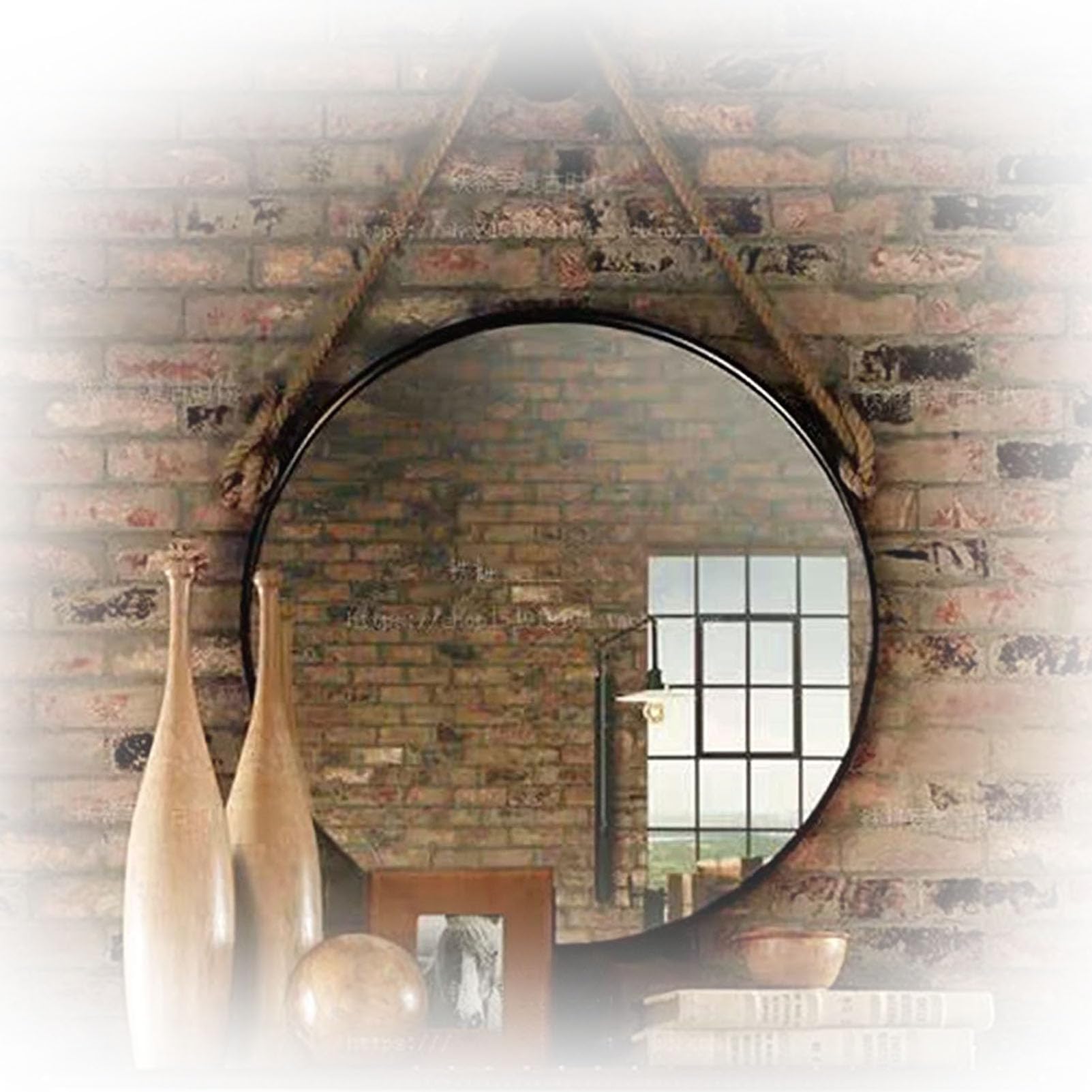 Miroir de salle de bain rond cadre fer noir et corde chanvre pour maquillage et rasage