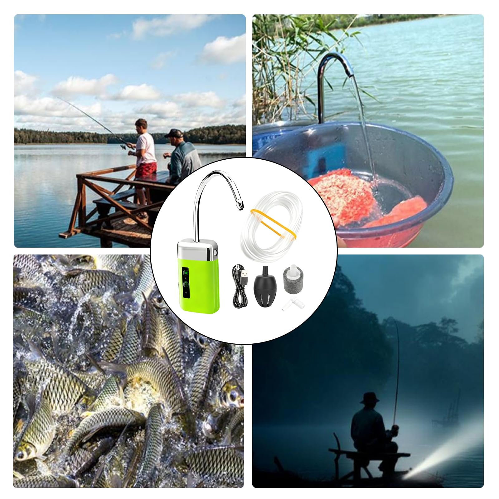 GOMETY Pompe à oxygène de pêche, rechargeable par USB, 3 modes, avec capteur intelligent, pour la pêche, le lavage des mains, la pêche, le lavage des mains, triple filtration, accessoires d'extérieur