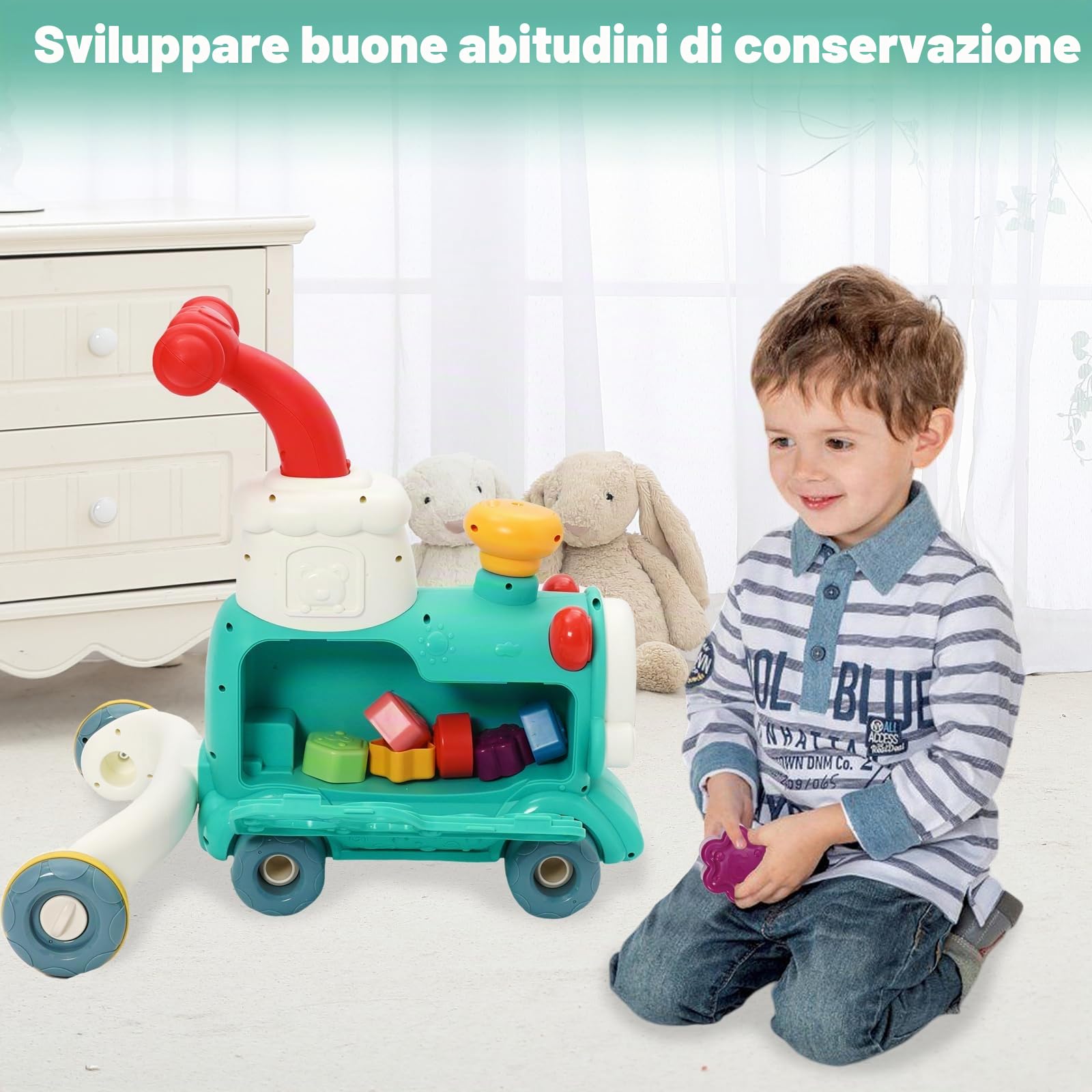 5 in1 Girello per Bambini,Giocattolo Treno a Vapore con Luci e Musica,Girelli per Attività di Apprendimento a Spinta e a Trazione,Adatto a Bambini e Bambine di età Superiore ai 6 Mesi