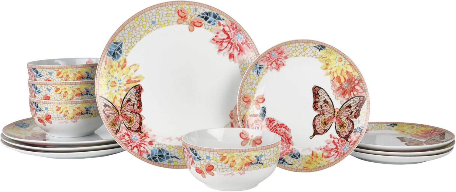 Dolly Parton 12 Piece Jeweled Mosaic Butterfly Dinnerware Set Porcelain Dinner Plates, Salad Plates, Bowls, Service for 4, Microwave Dishwasher Safe