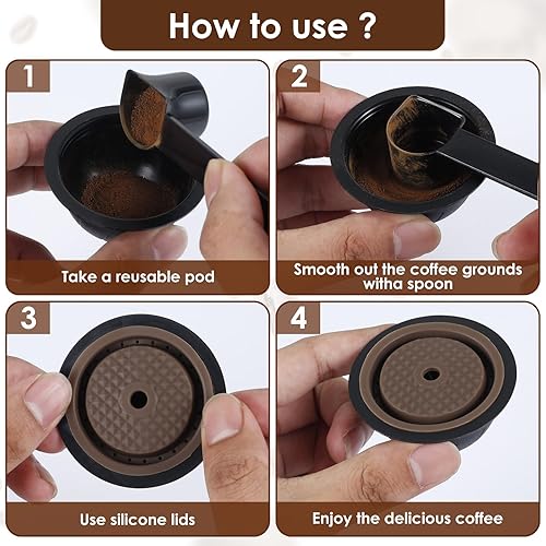 Miniatura 5 de Tzdxfgl 4 cápsulas recargables Vertuo para máquina Nespresso, juego de cápsulas de café reutilizables con 2 tapas de silicona, cepillo para cuchara,