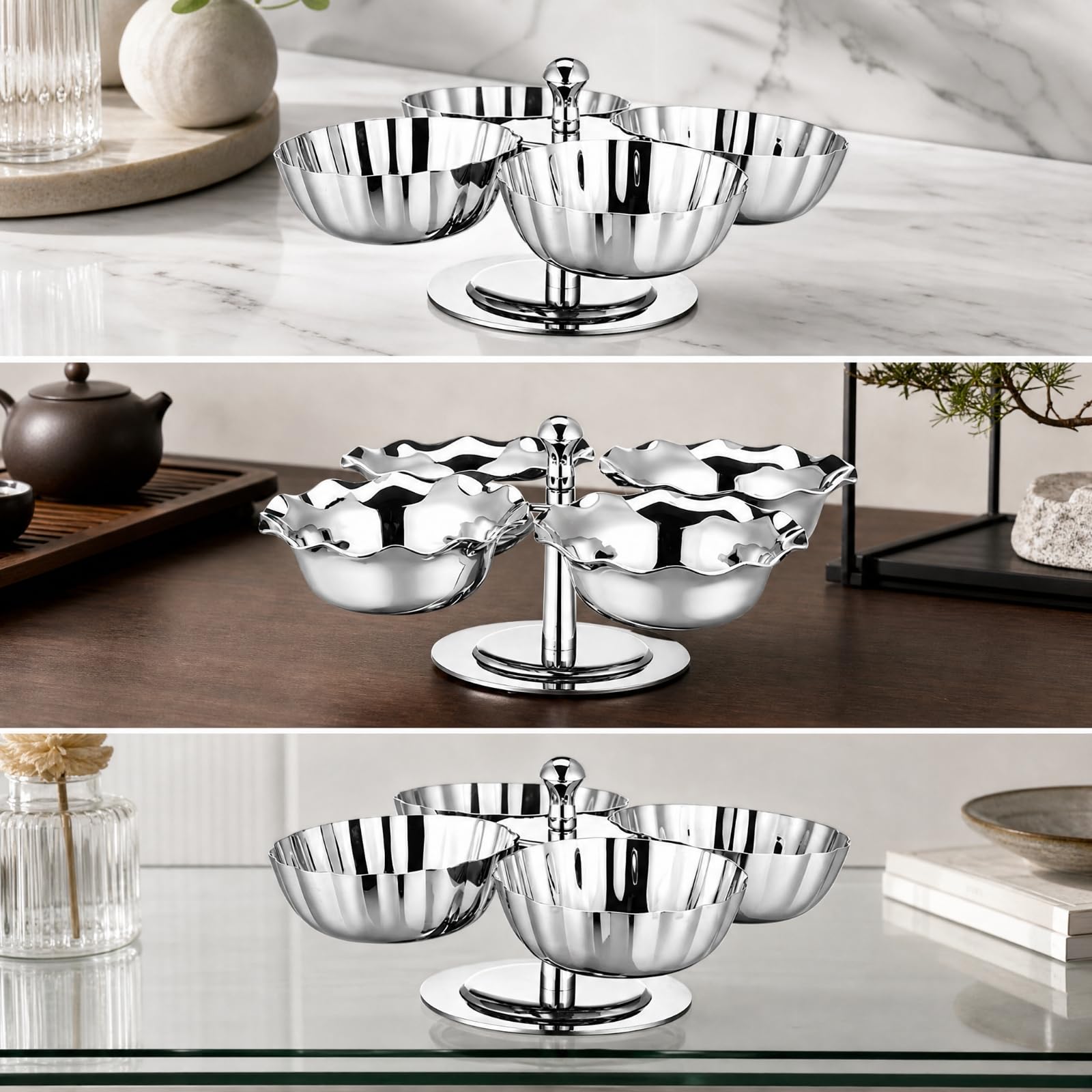 Qianly Soporte Giratorio Postres Acero Inoxidable con Cuatro Recipientes Elegante Banja Postre con Patas corativo Banja Patas para Cafés ,