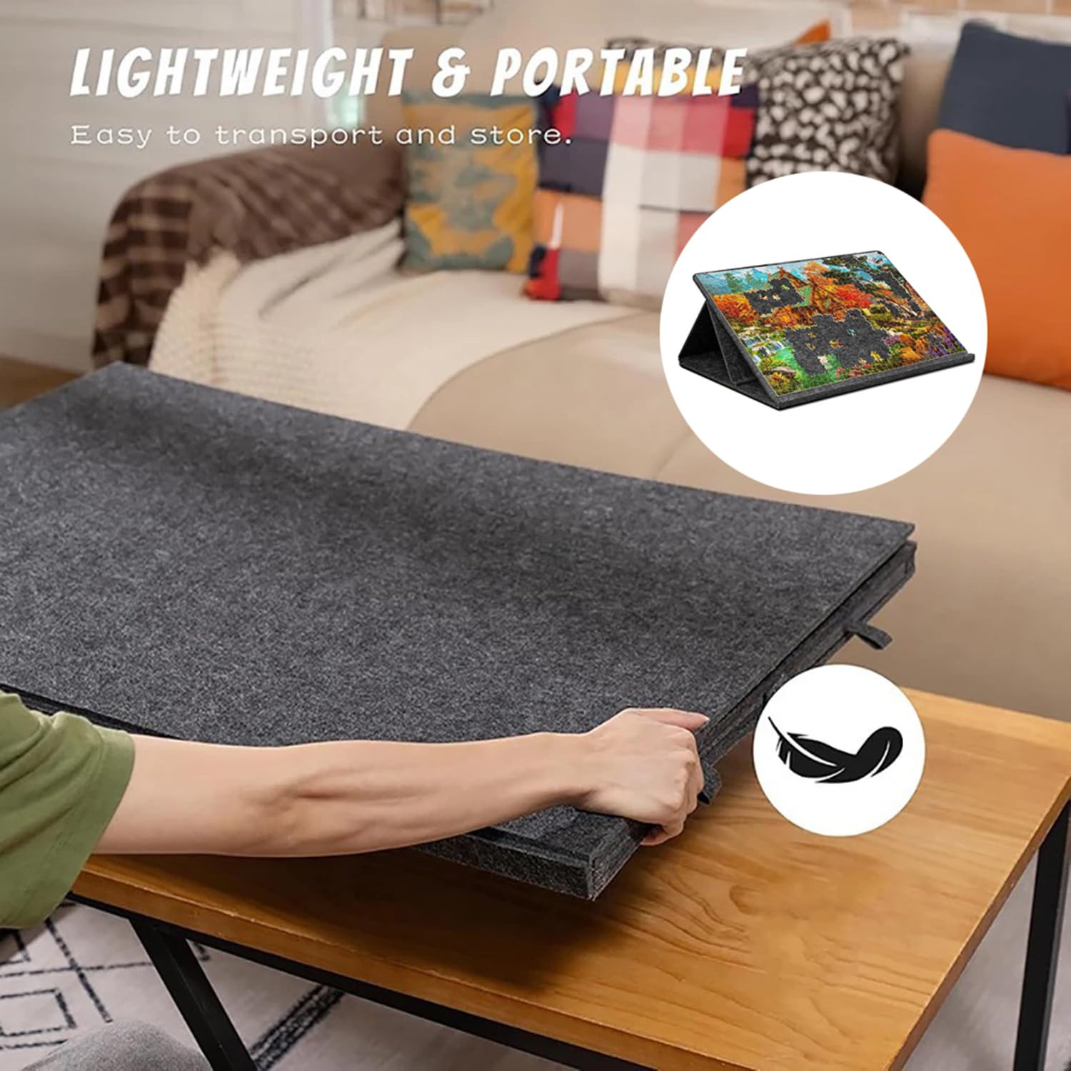 Taca na puzzle 1000 elementów ze stojakiem i pokrywką 2 w 1, taca na puzzle, przenośna mata do puzzli z 6 kolorowymi miseczkami do sortowania, przechowywanie puzzli, antypoślizgowy filc, regulowany