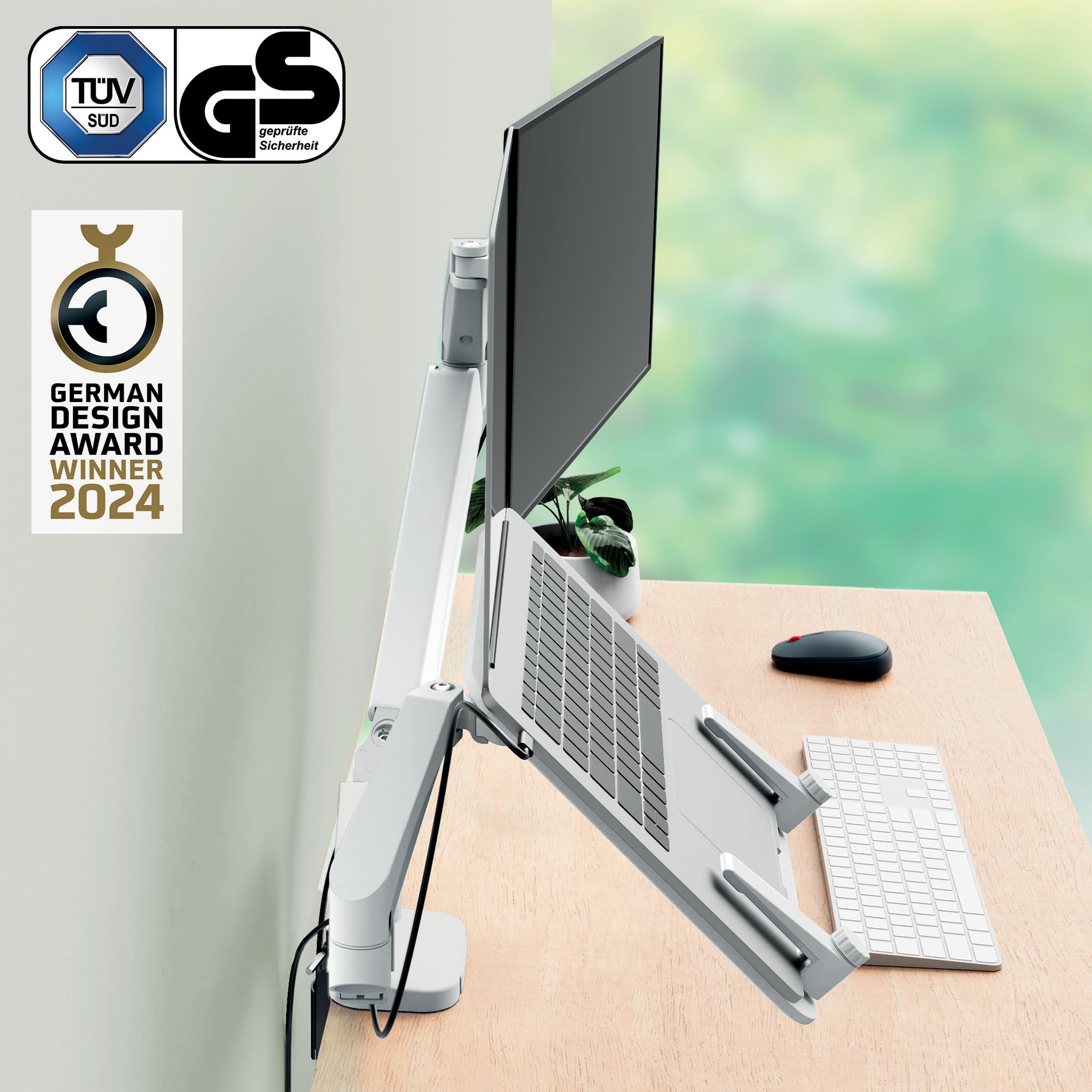 Leitz Ergo Brazo Ergonómico para Monitor y Portátil (17''-32'') – Soporte de Escritorio con Giro, Inclinación y Rotación, hasta 18 kg, Compatible VESA, Gris Claro, 65380085