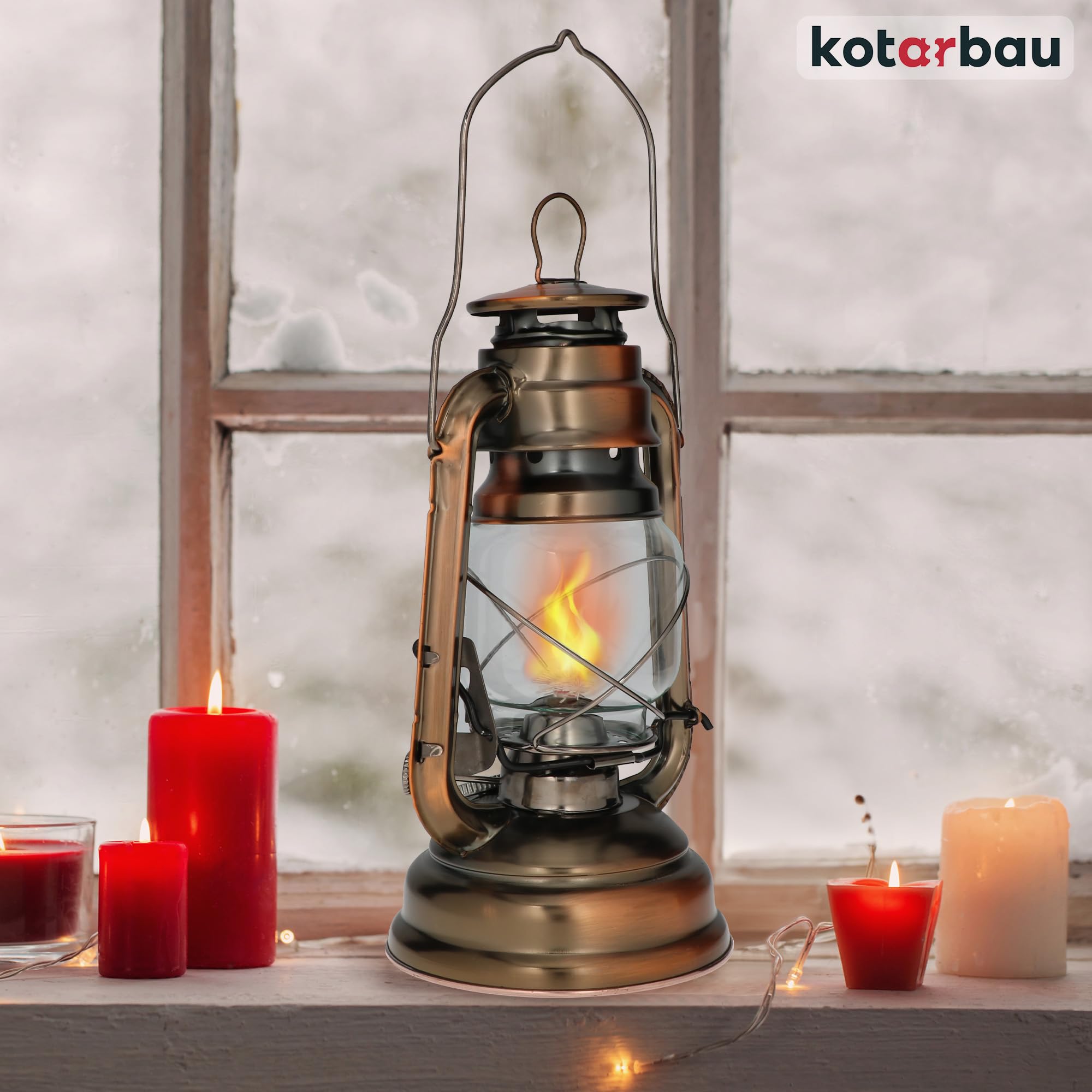 KOTARBAU Lampe à huile avec support pour mèche de pétrole rechargeable avec mais lampe tempête et lampe de table en bronze