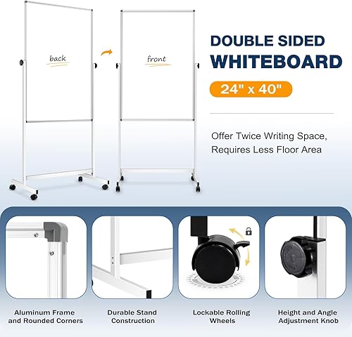 Miniatura 5 de WALGLASS - Pizarra blanca enrollable de doble cara de 24 x 40 pulgadas, reversible, con soporte, pizarra blanca magnética sobre ruedas, pizarra