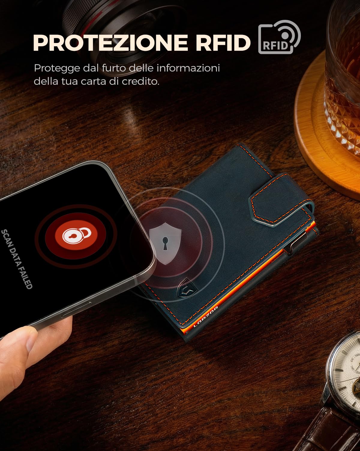 LORZOR® Portafoglio Uomo Slim vera Pelle, Porta Carte di Credito con Protezione RFID & Portamonete, Portacarte Uomo Pop-up Contenere 10 Carte, Porta Tessere Tascabile, Magnetica